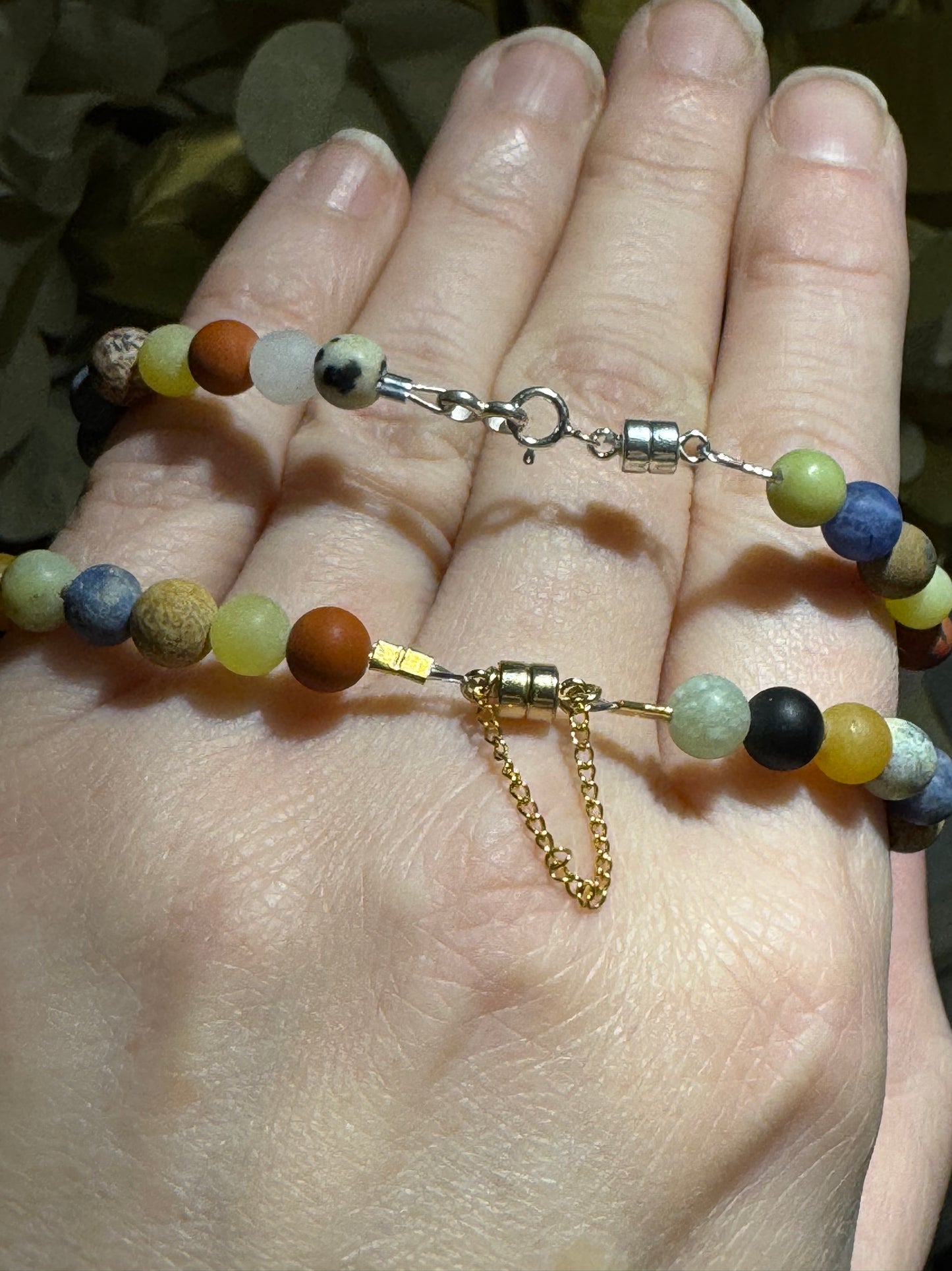Mixed gemstone matt bead silver magnet bracelet.