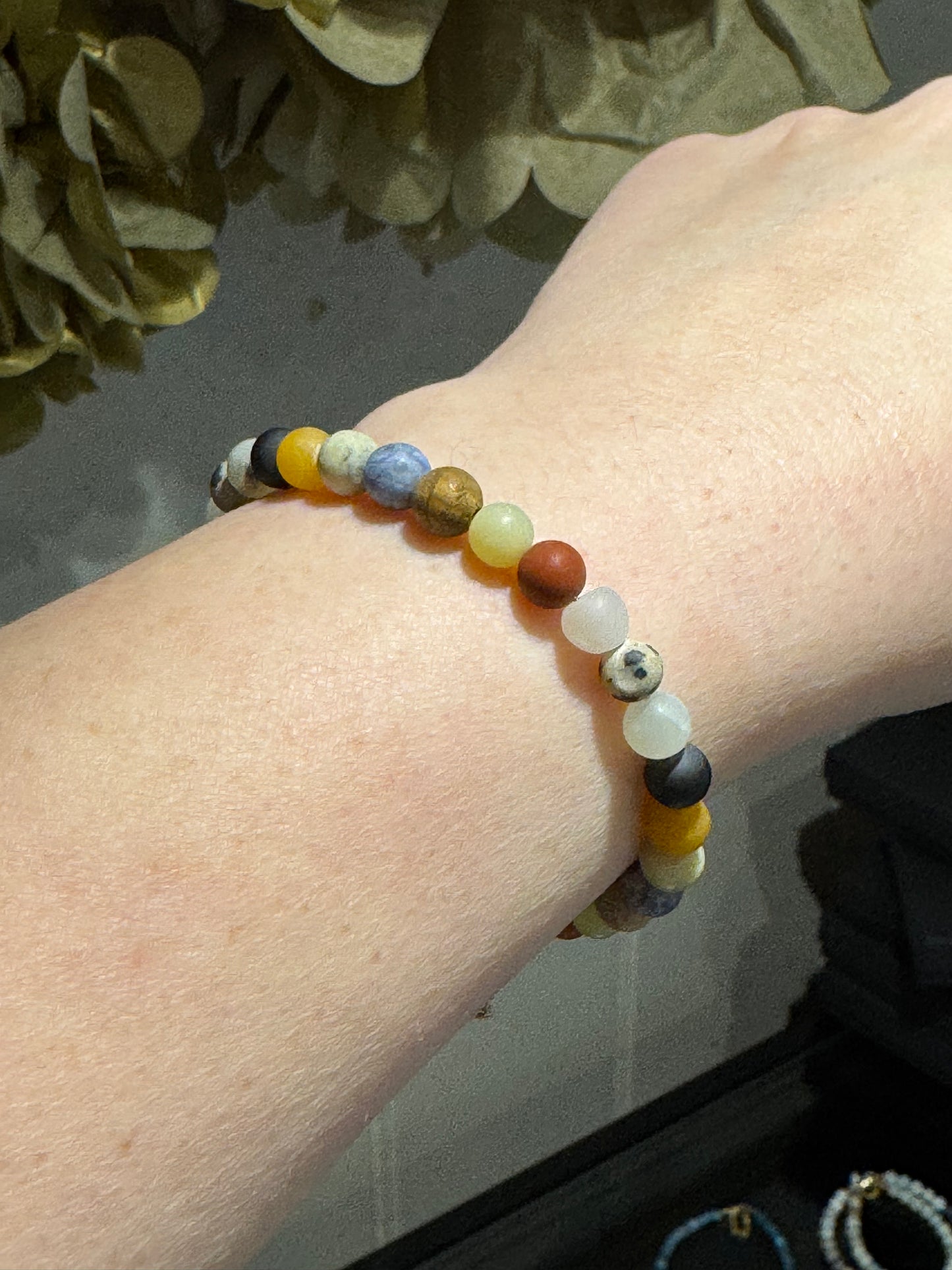 Mixed Gemstone silver square bead necklace.
