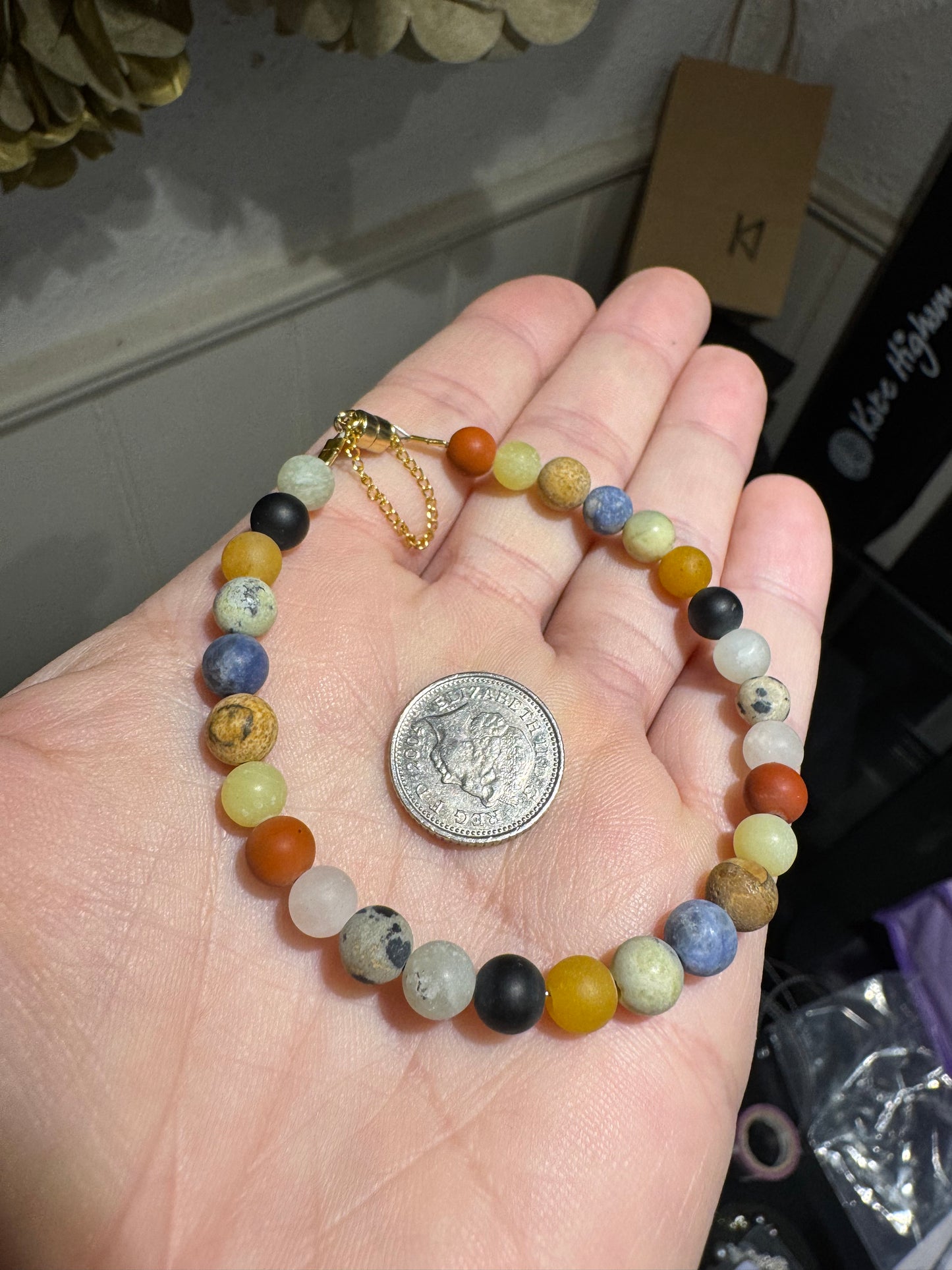 Mixed gemstone matt bead silver magnet bracelet.