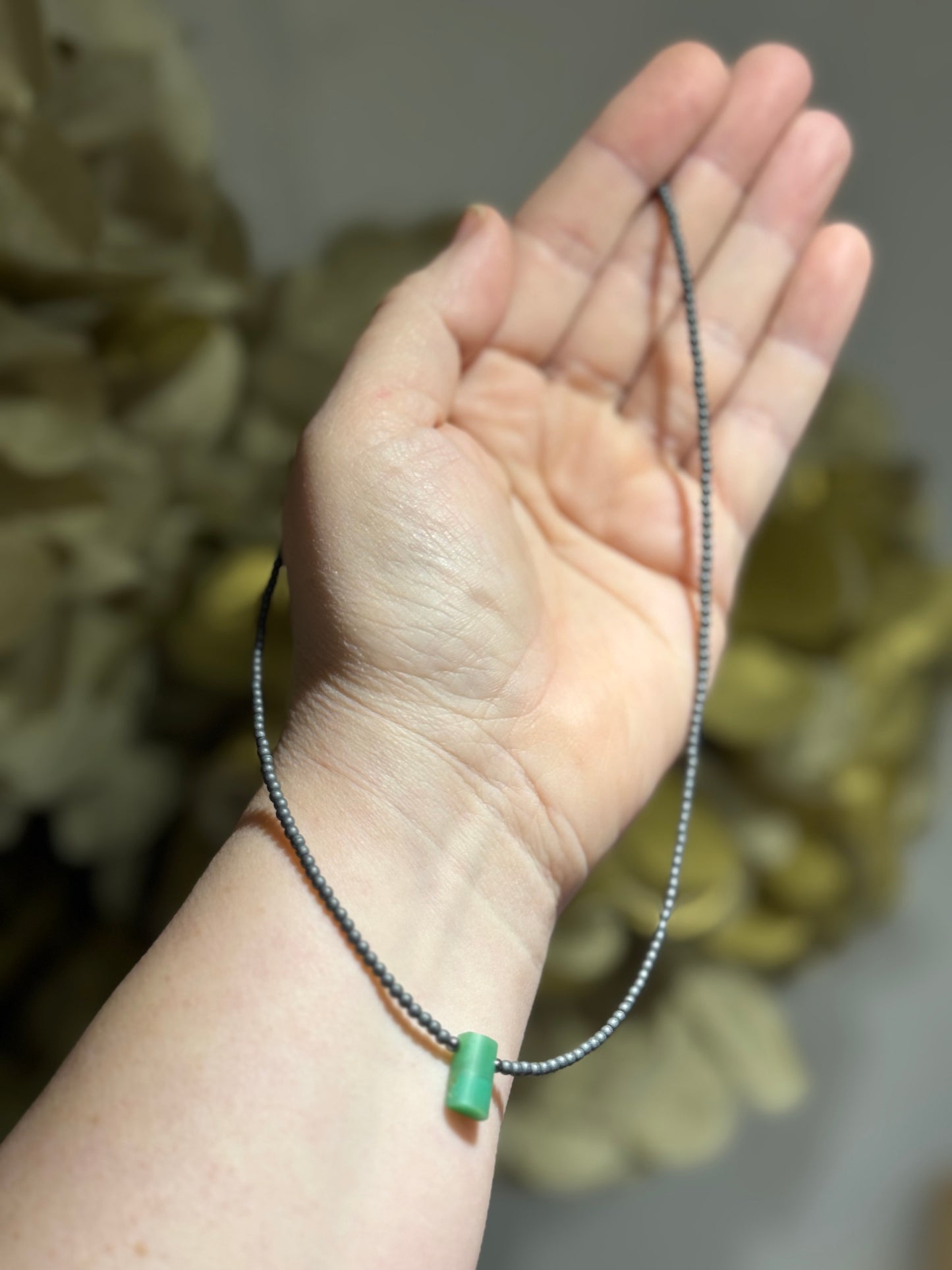 Chrysoprase hemetite silver necklace.