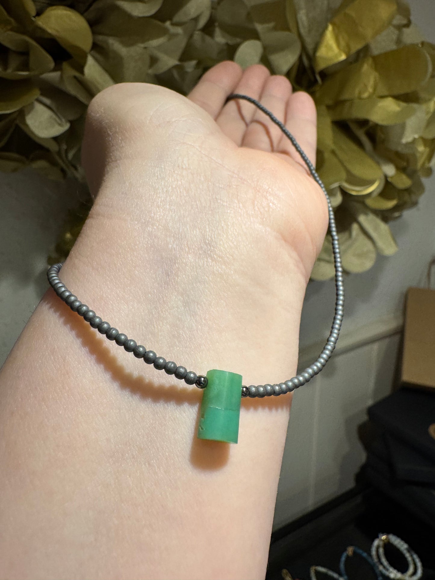 Chrysoprase hemetite silver necklace.