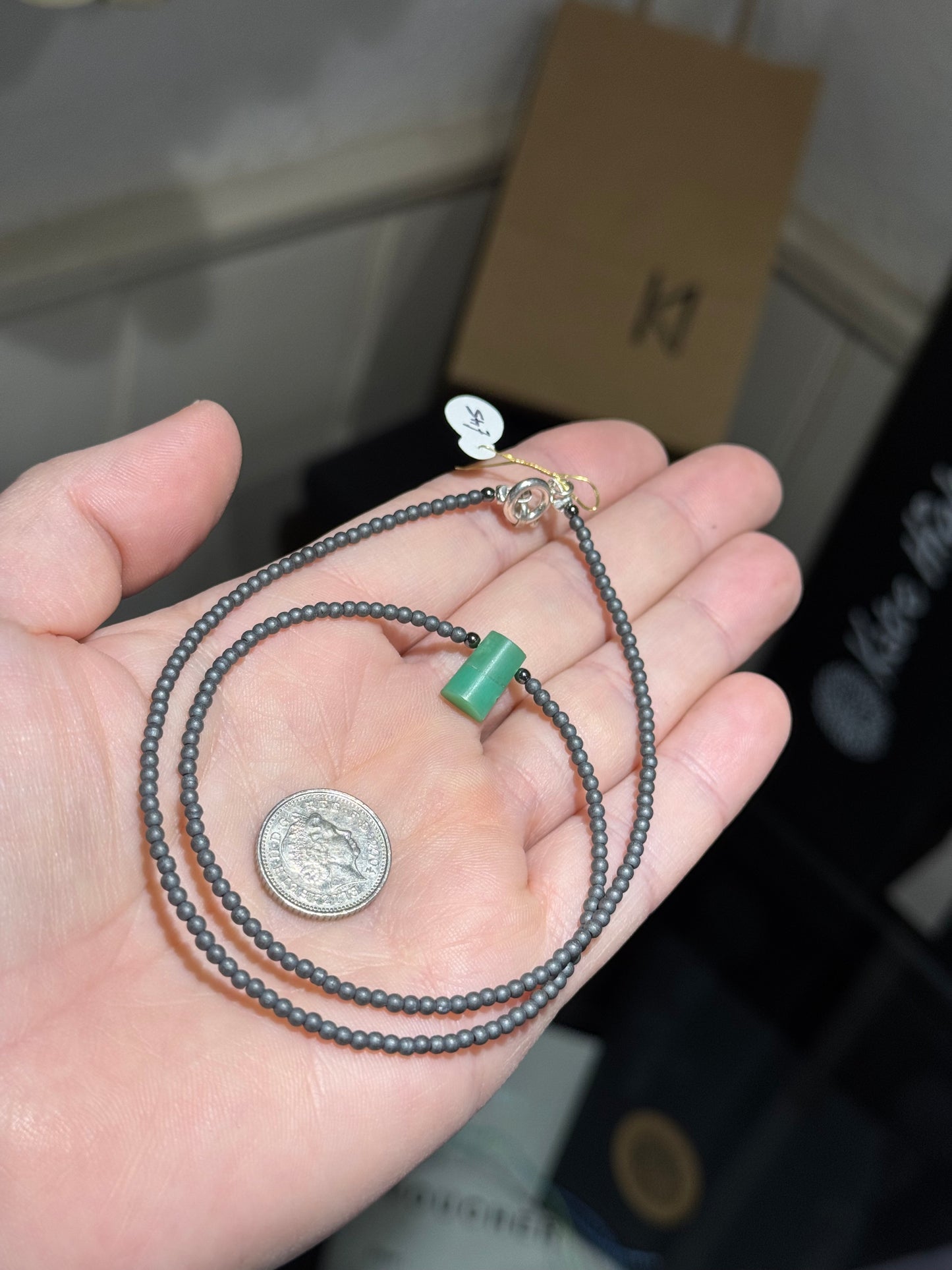 Chrysoprase hemetite silver necklace.