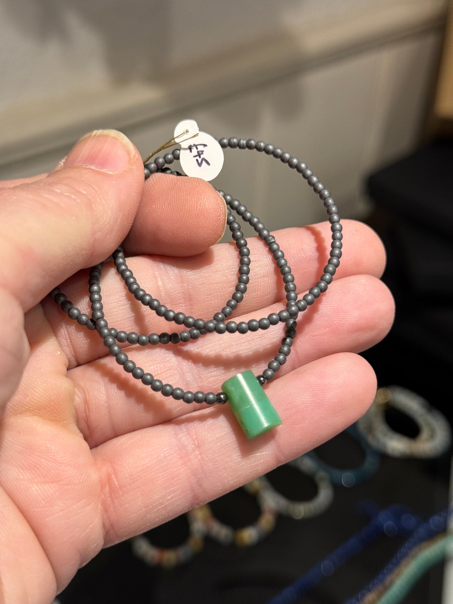 Chrysoprase hemetite silver necklace.