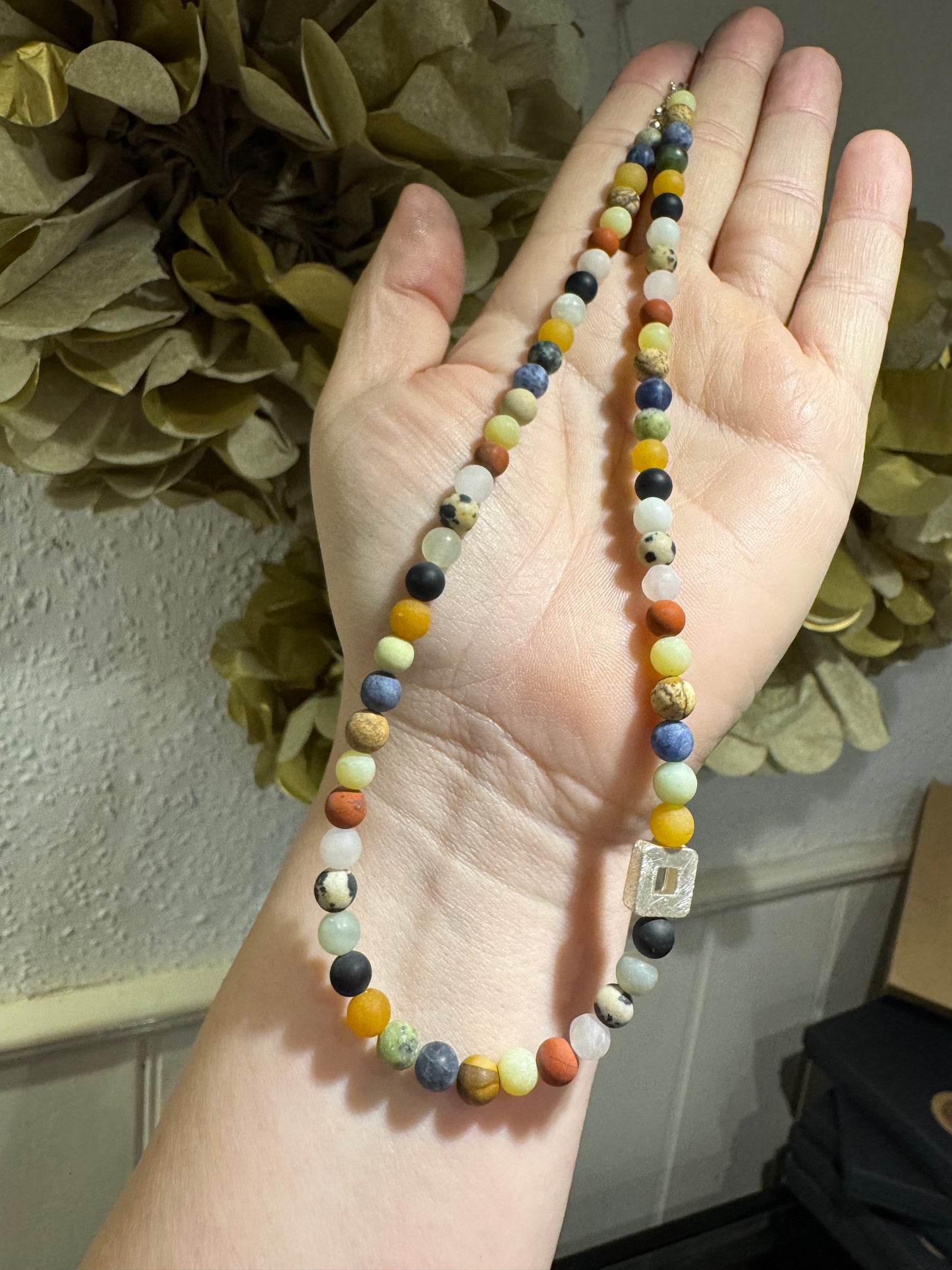 Mixed Gemstone silver square bead necklace.