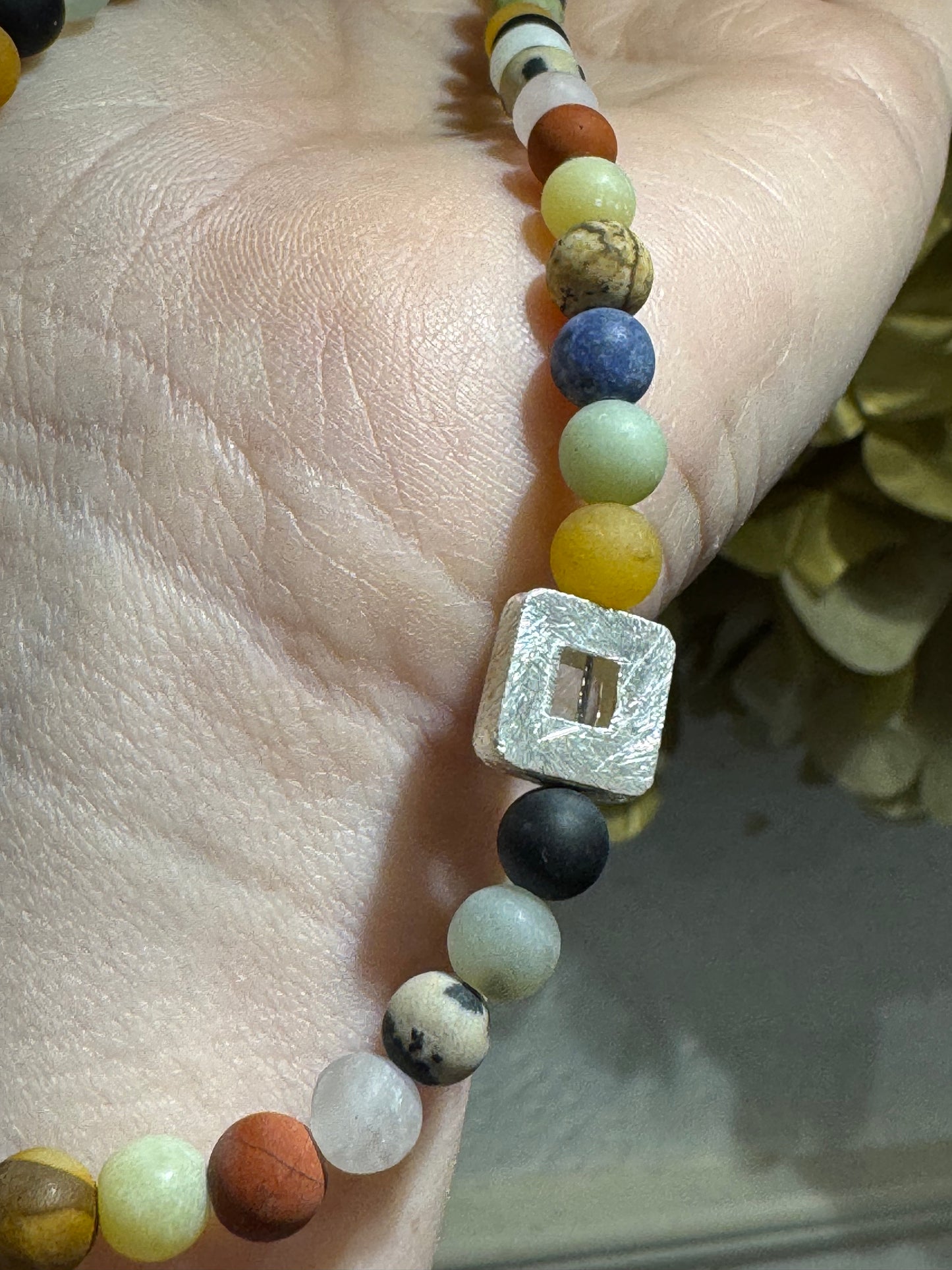 Mixed Gemstone silver square bead necklace.