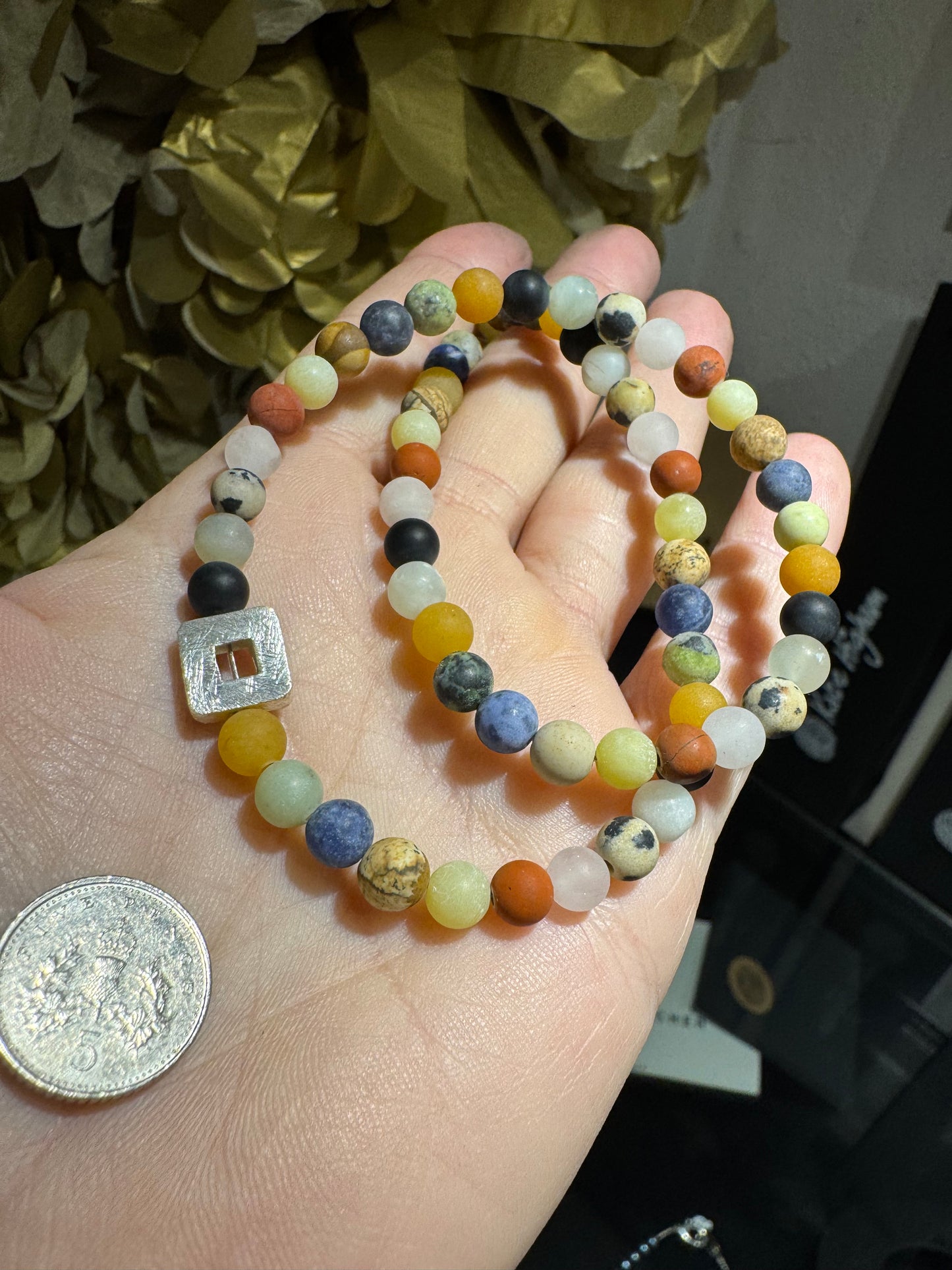 Mixed Gemstone silver square bead necklace.