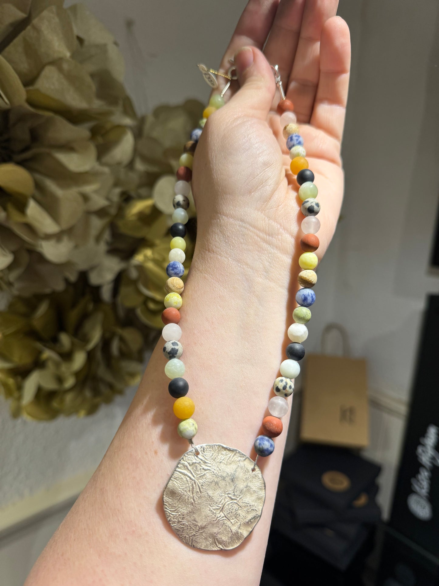 Mixed Gemstone matt bead necklace & large silver pendant.