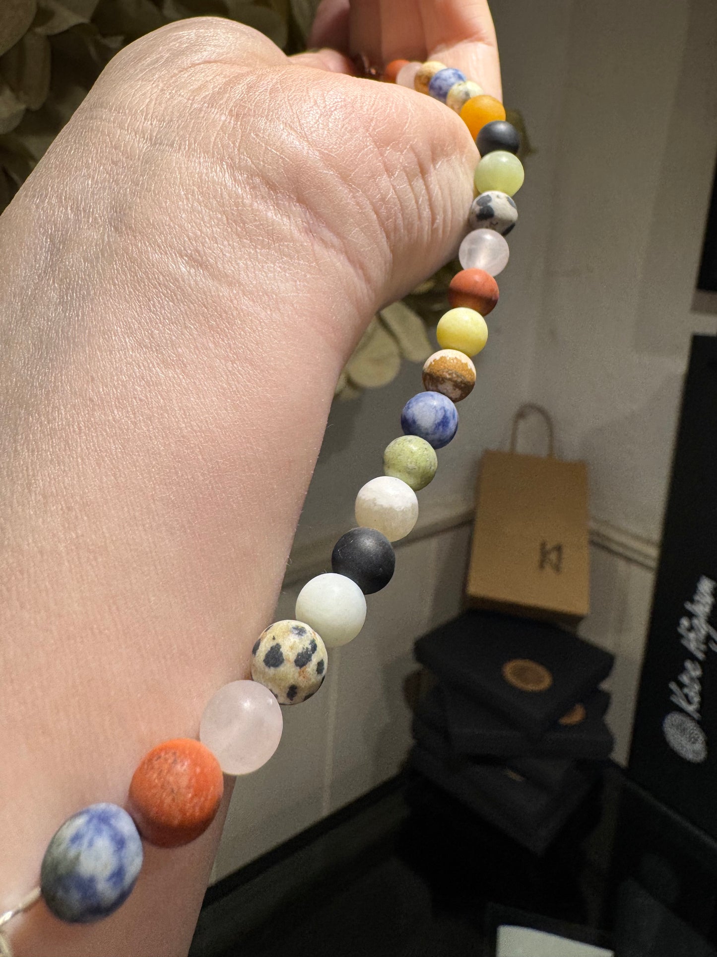 Mixed Gemstone matt bead necklace & large silver pendant.