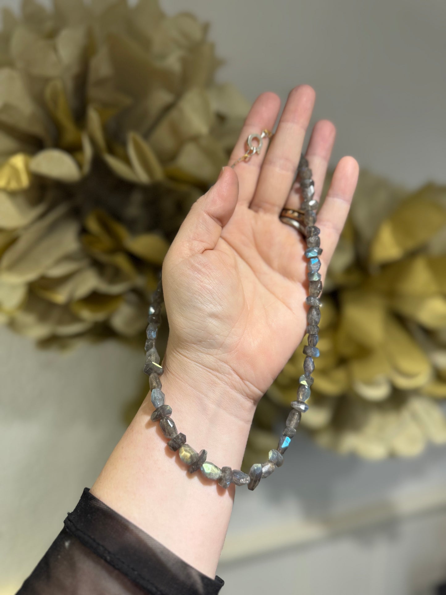 Labradorite free form silver bead necklace.