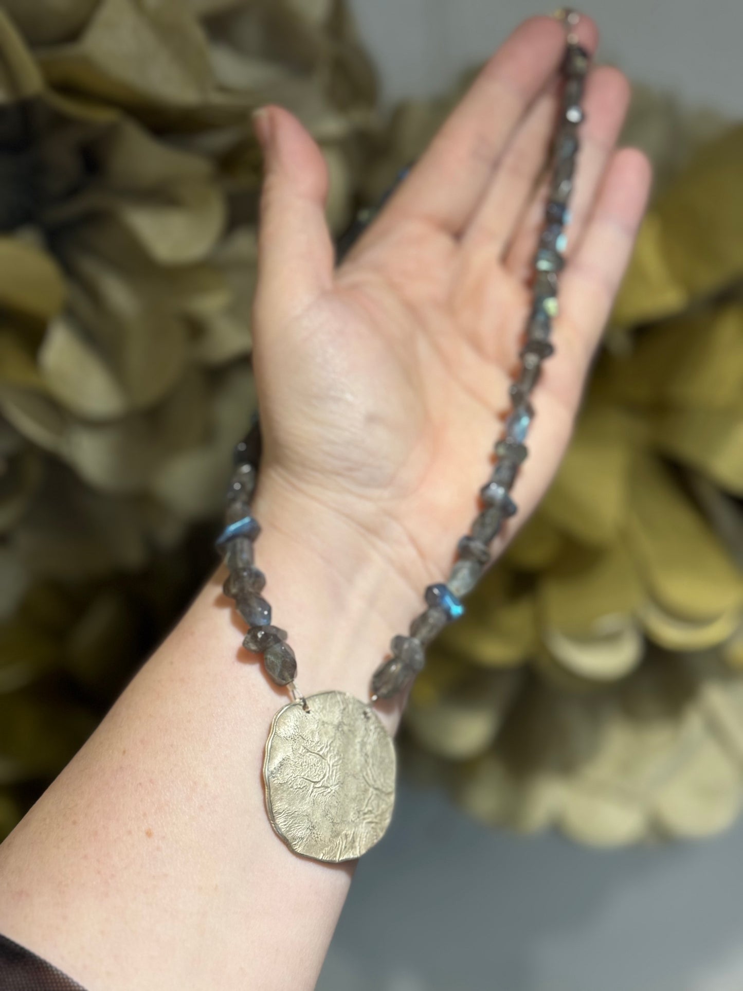 Labradorite free form silver bead necklace.