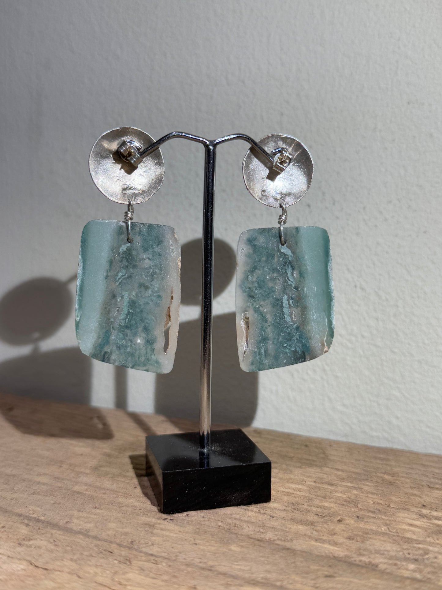 Green Moss Agate slice large silver earrings.