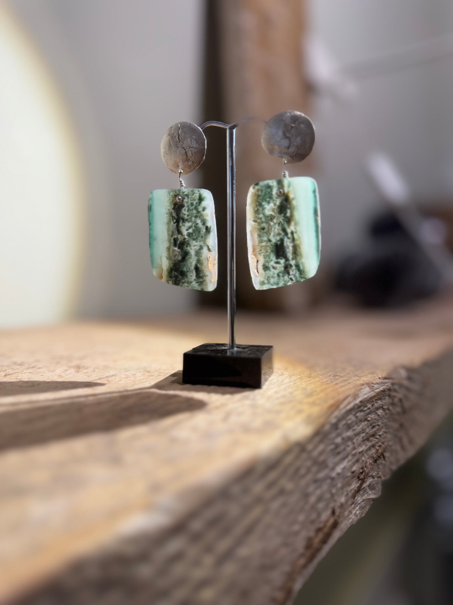 Green Moss Agate slice large silver earrings.