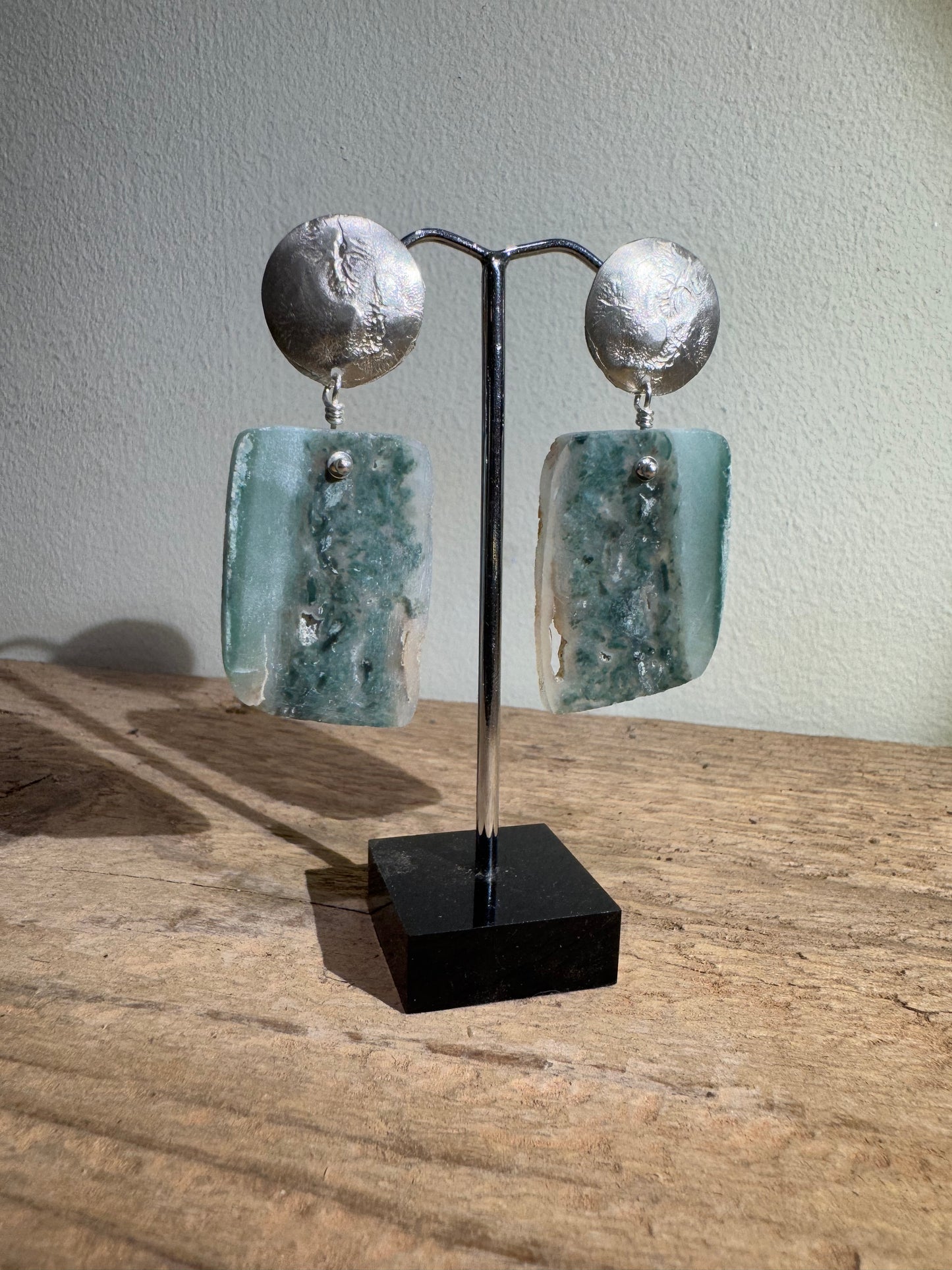 Green Moss Agate slice large silver earrings.