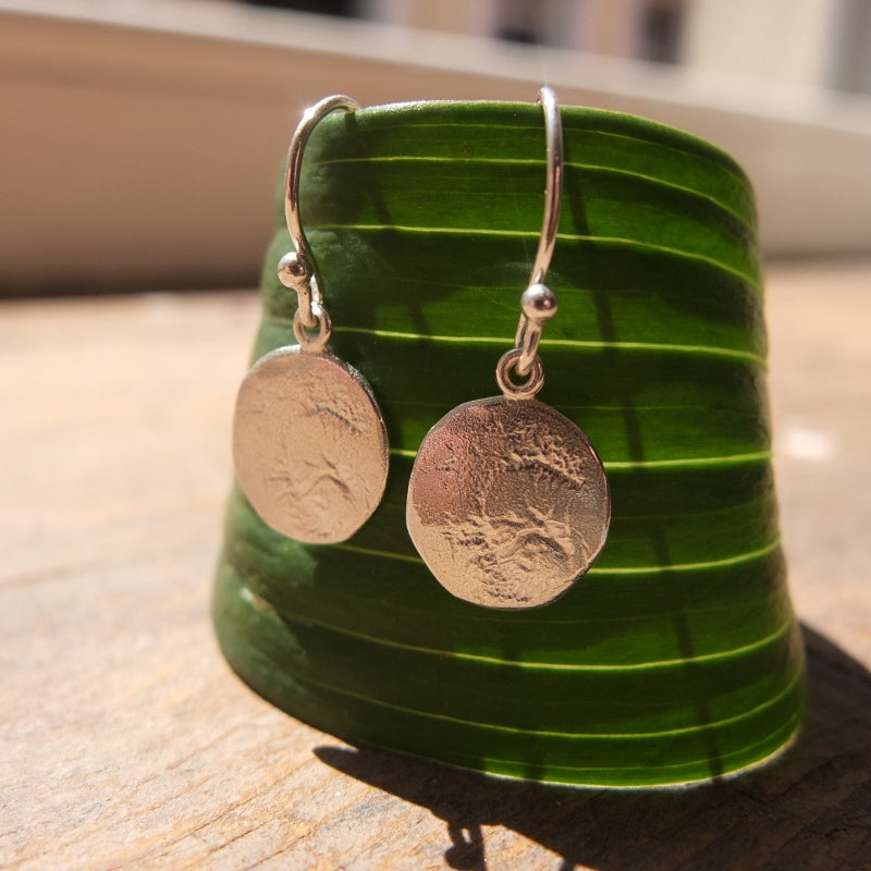 Luna organic disc silver hook earrings.