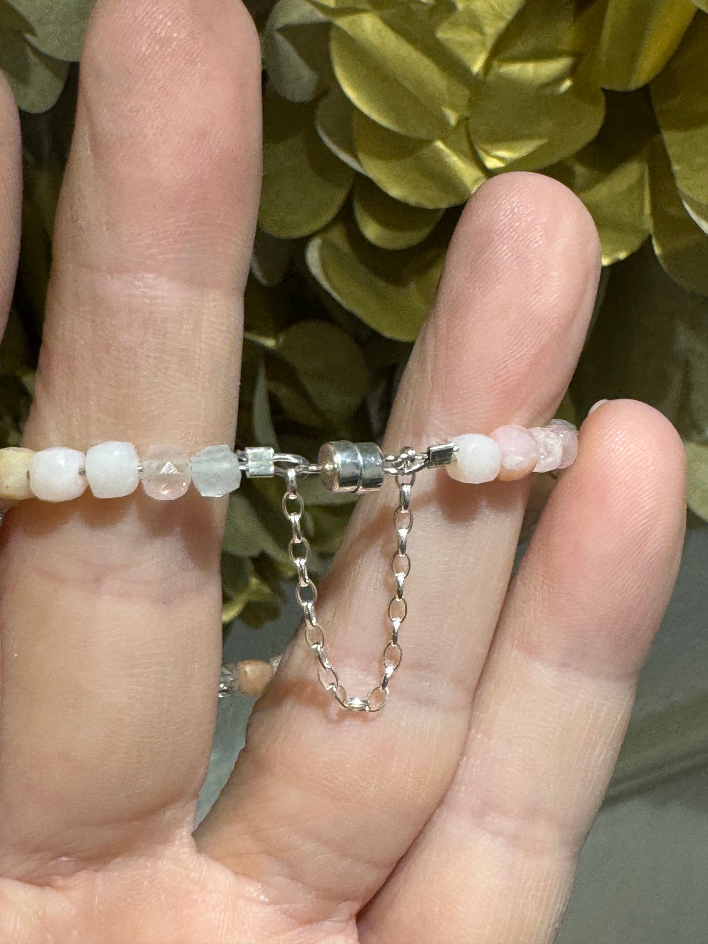 Pink Opal & Morganite sparkly bead silver magnet bracelet