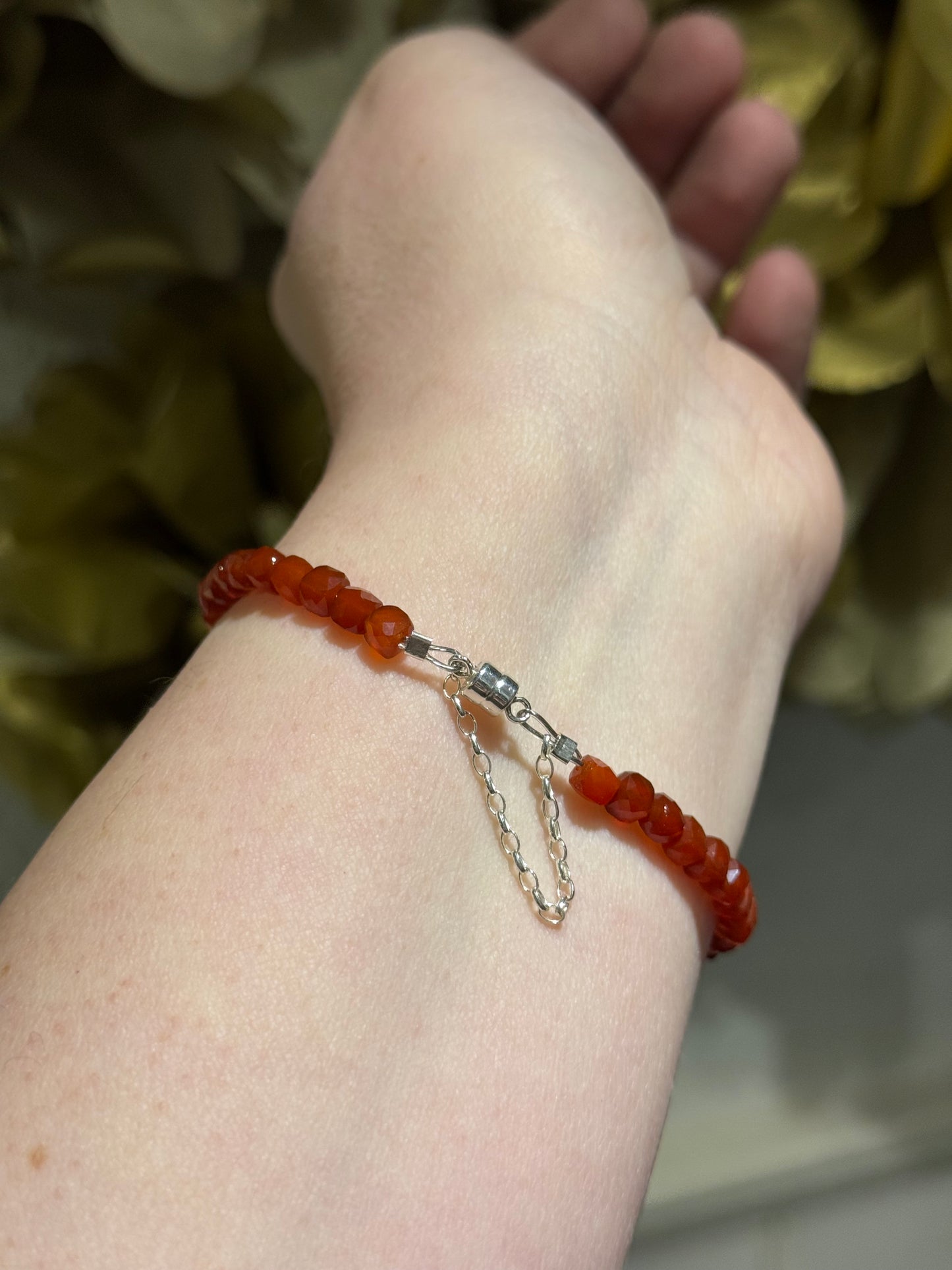 Red Agate sparkly bead silver magnetic clasp bracelet.