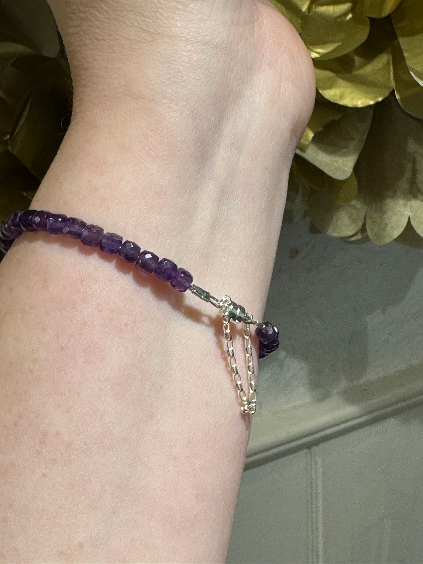 Amethyst sparkly bead magnetic silver bracelet.