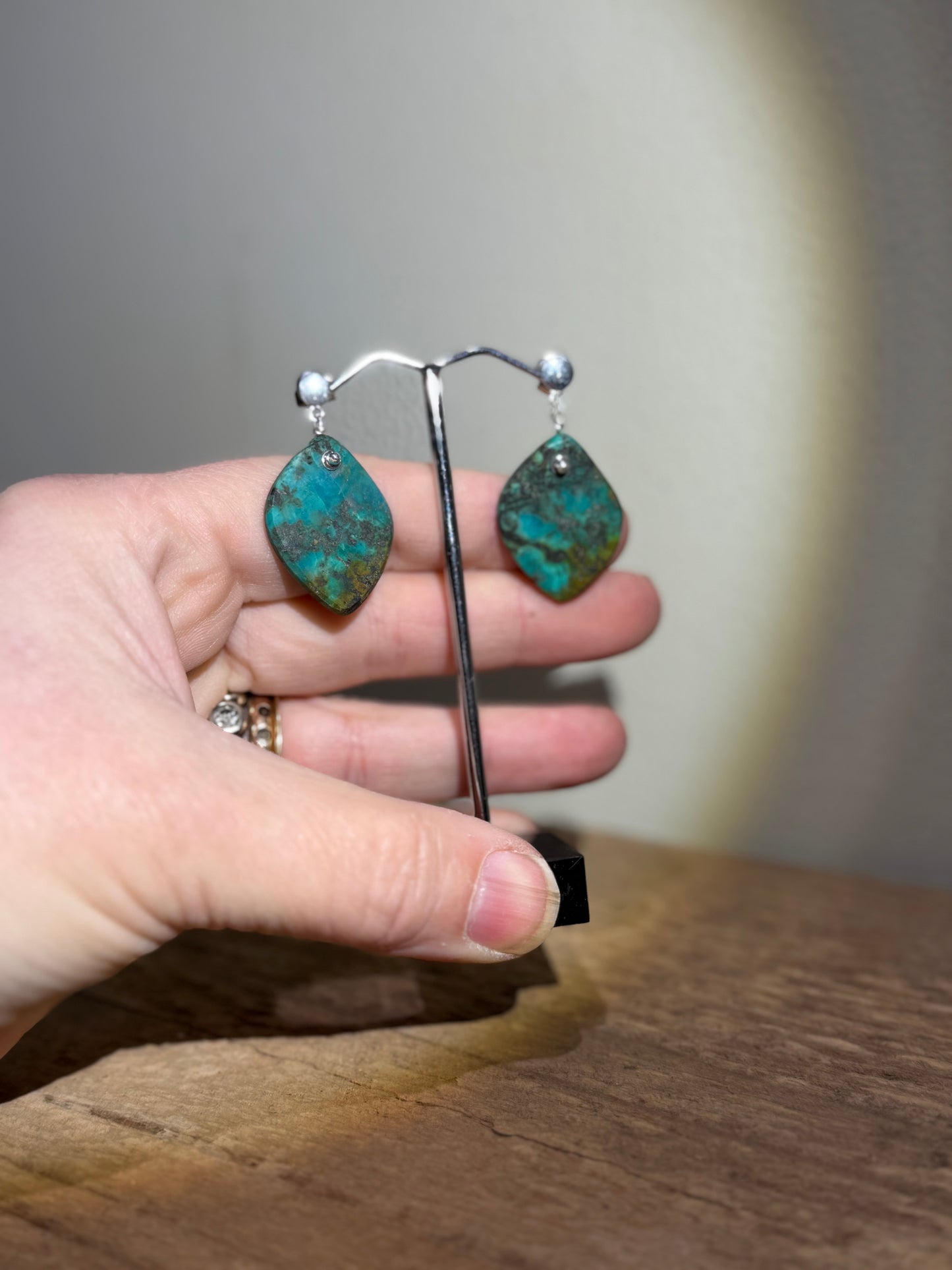 African Turquoise slice silver earrings.