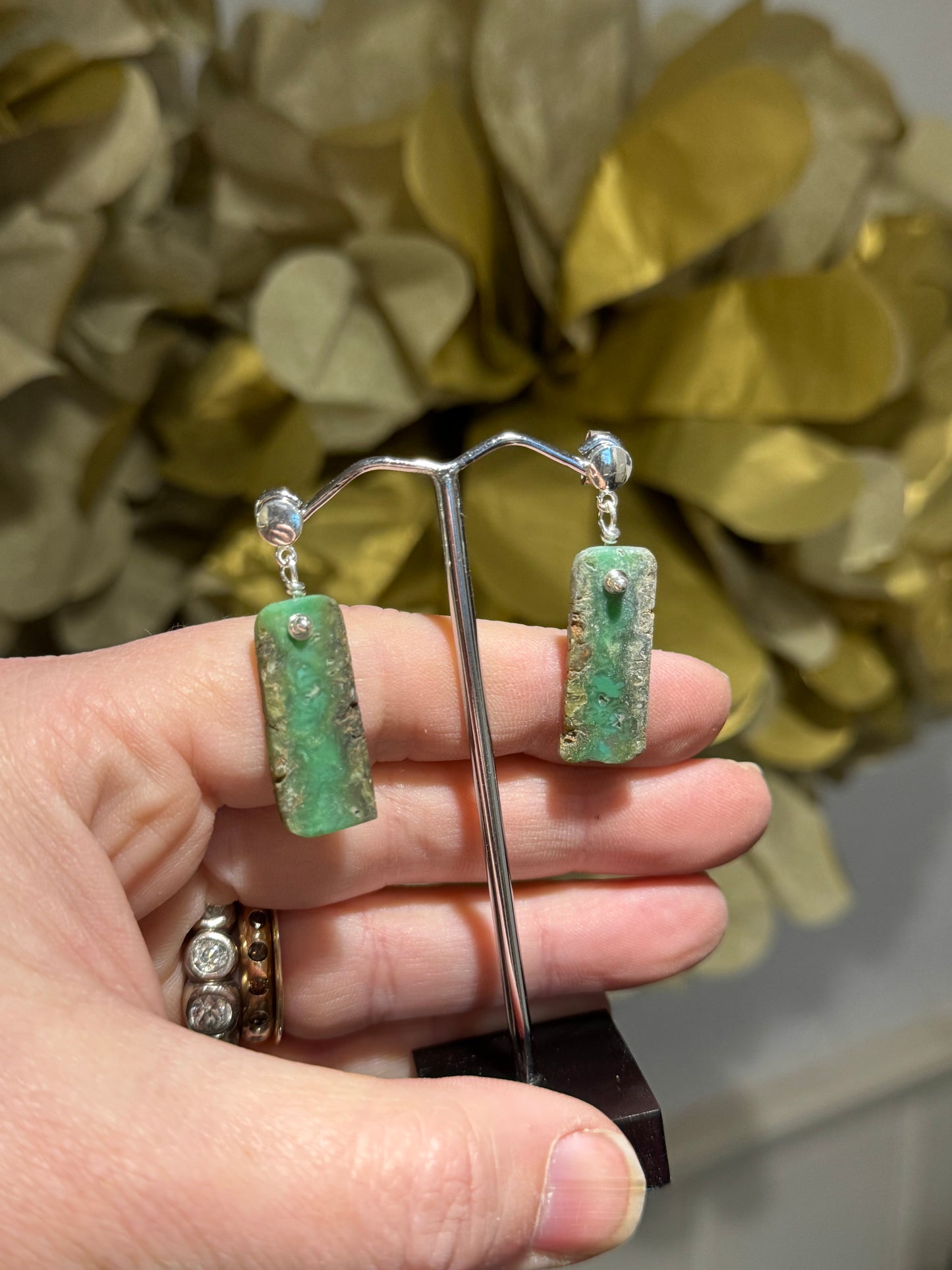 Chrysophrase slice silver earrings.