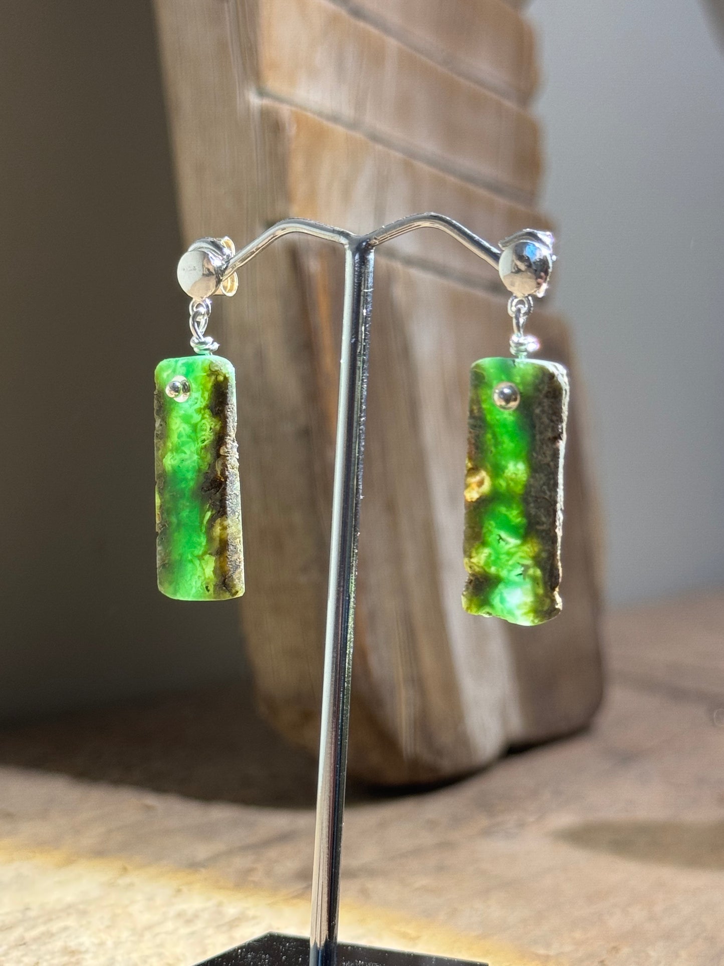 Chrysophrase slice silver earrings.