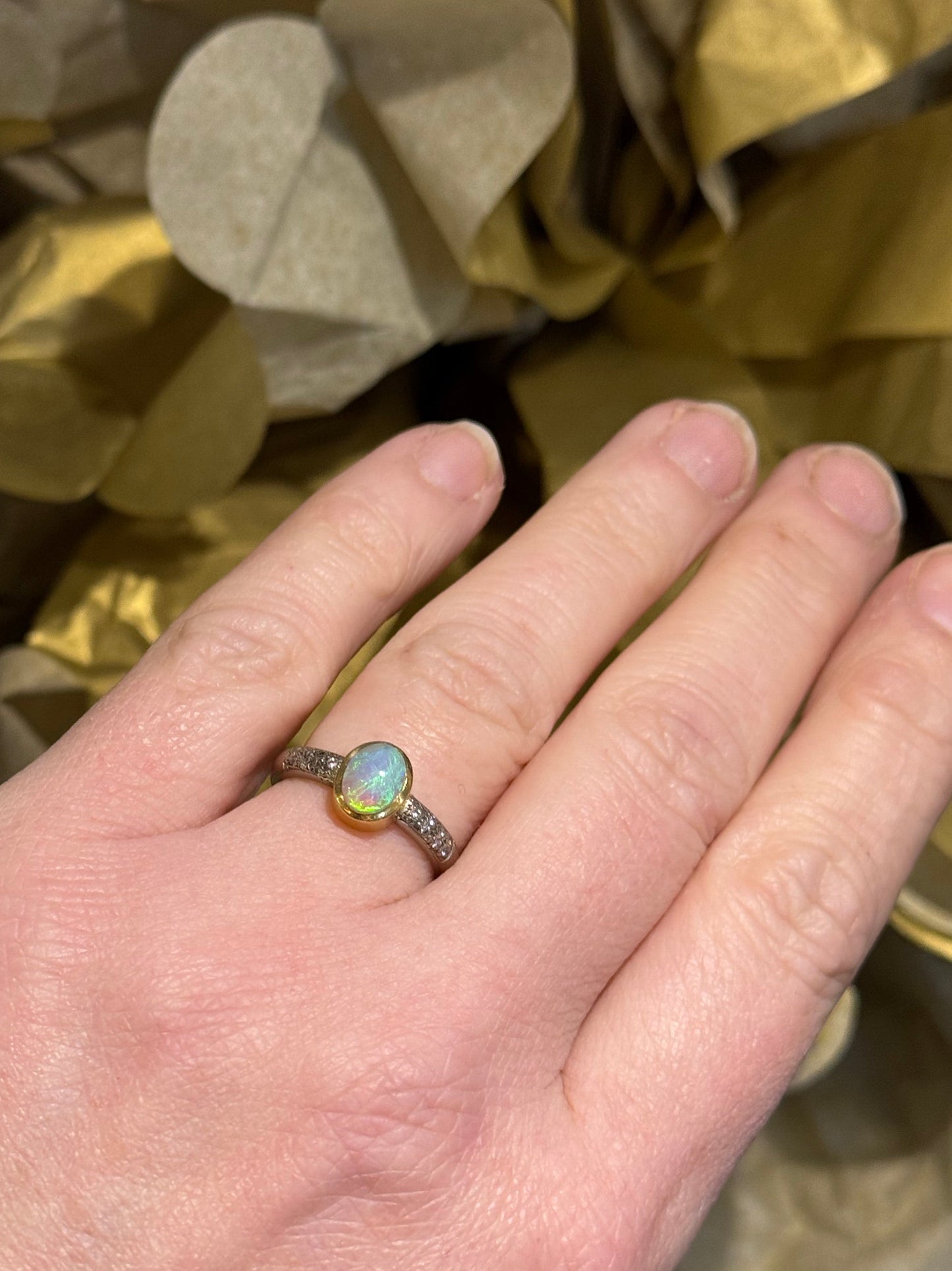 Opal diamond 18ct bi-colour gold ring