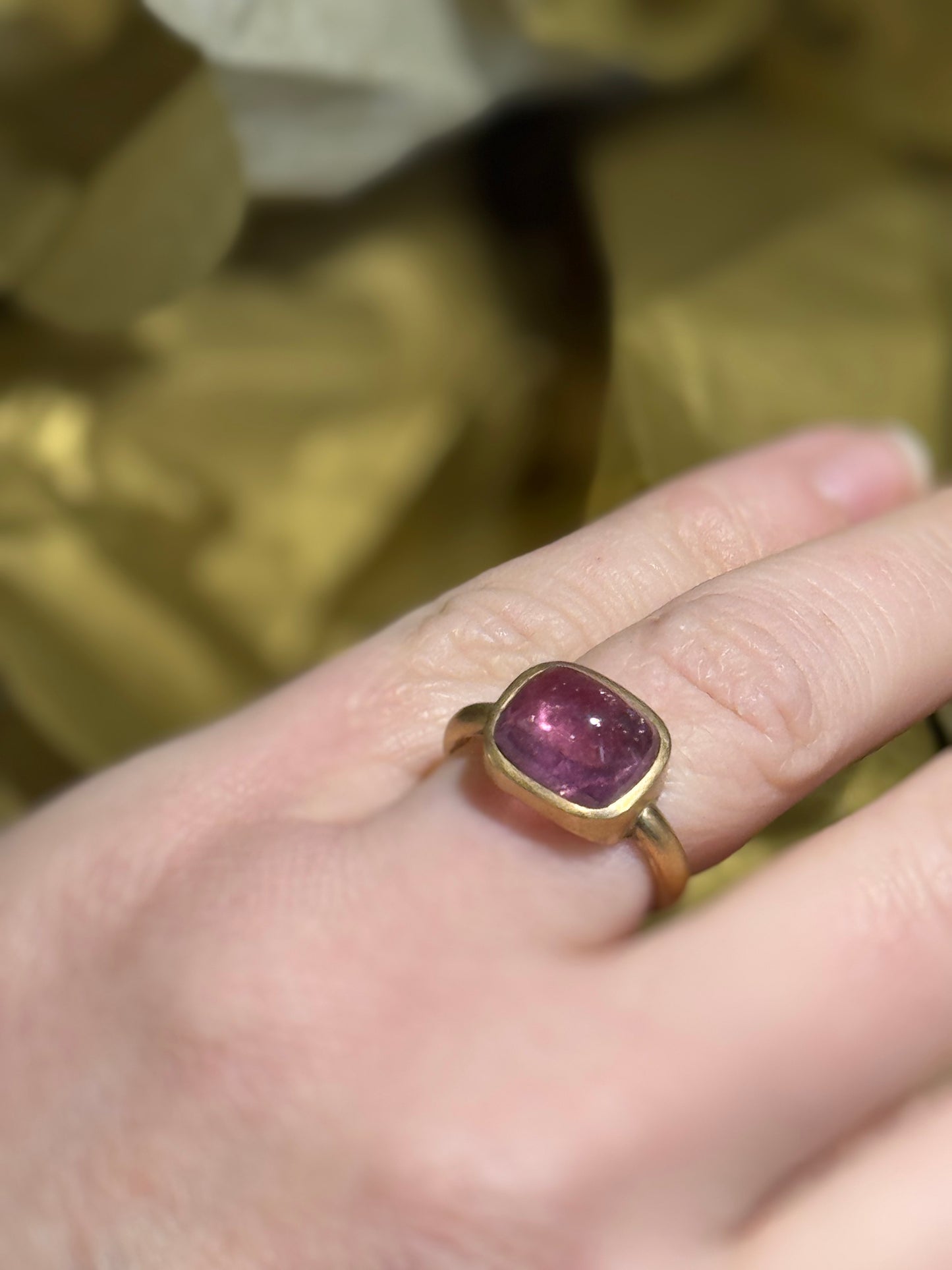 Pink Tourmaline yellow gold ring.