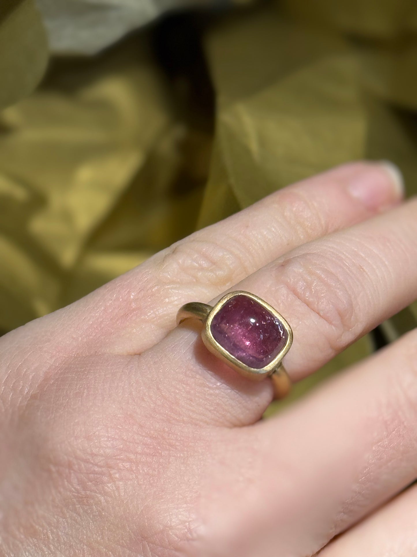 Pink Tourmaline yellow gold ring.