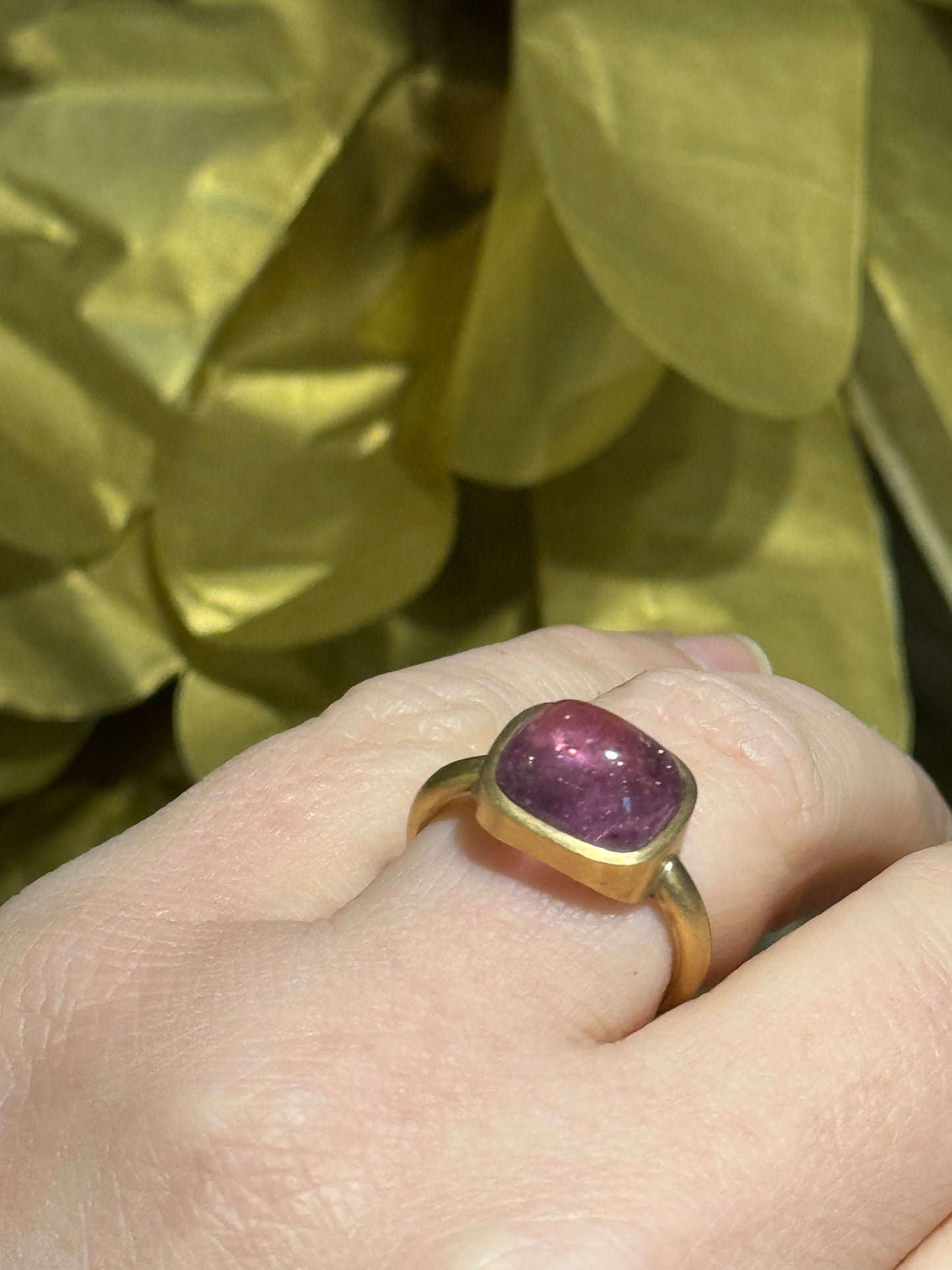 Pink Tourmaline yellow gold ring.