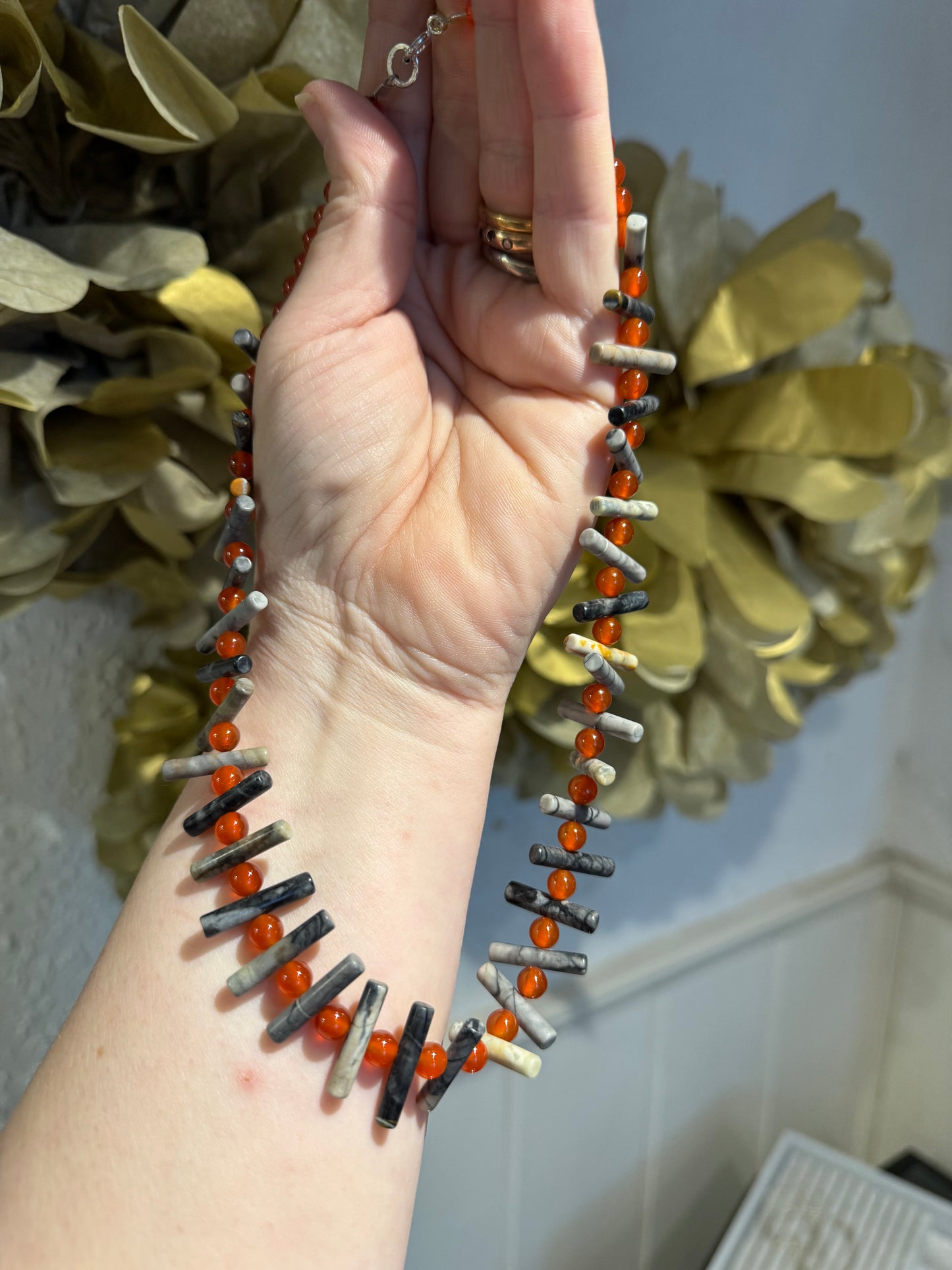 Picasso Jasper stick & Cornelian bead necklace.