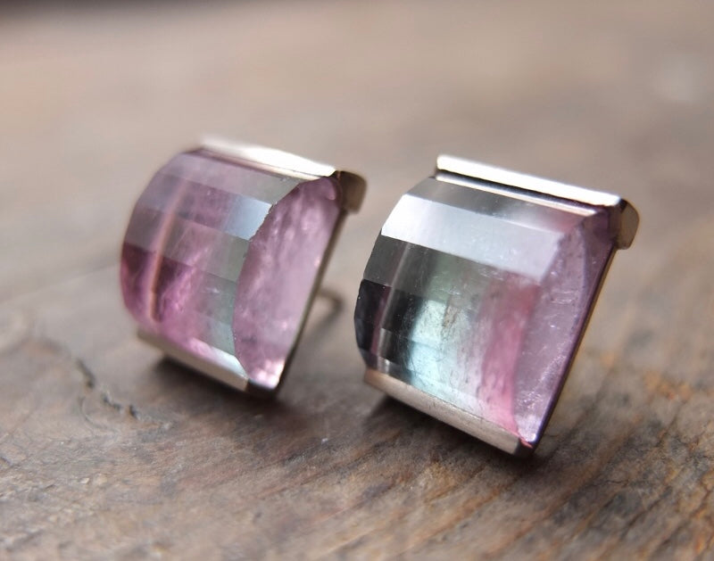 Tri-colour Tourmaline 18ct White Gold Stud Earrings