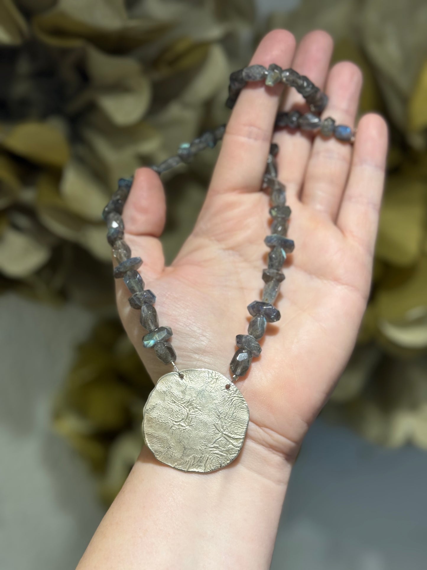 Labradorite Sterling Silver textured disc necklace.