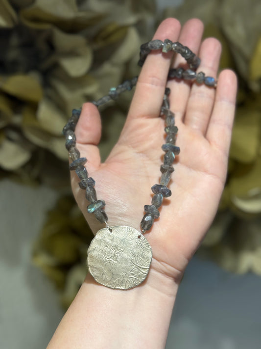 Labradorite Sterling Silver textured disc necklace.