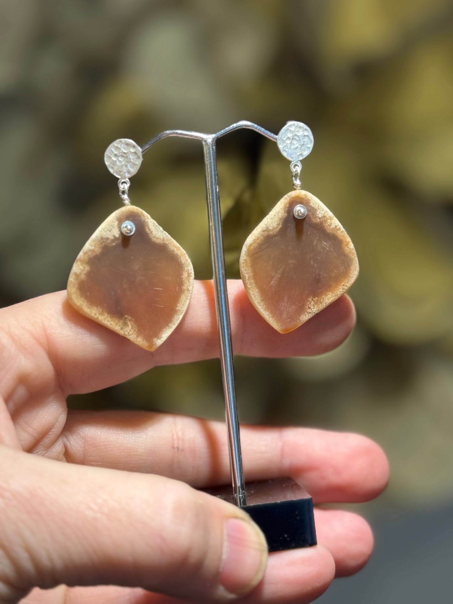 Agate slice silver stud earrings.