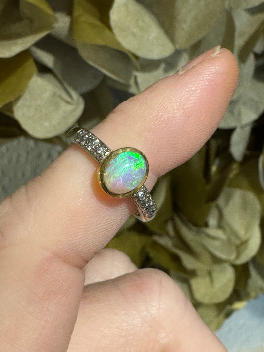 Opal diamond 18ct bi-colour gold ring