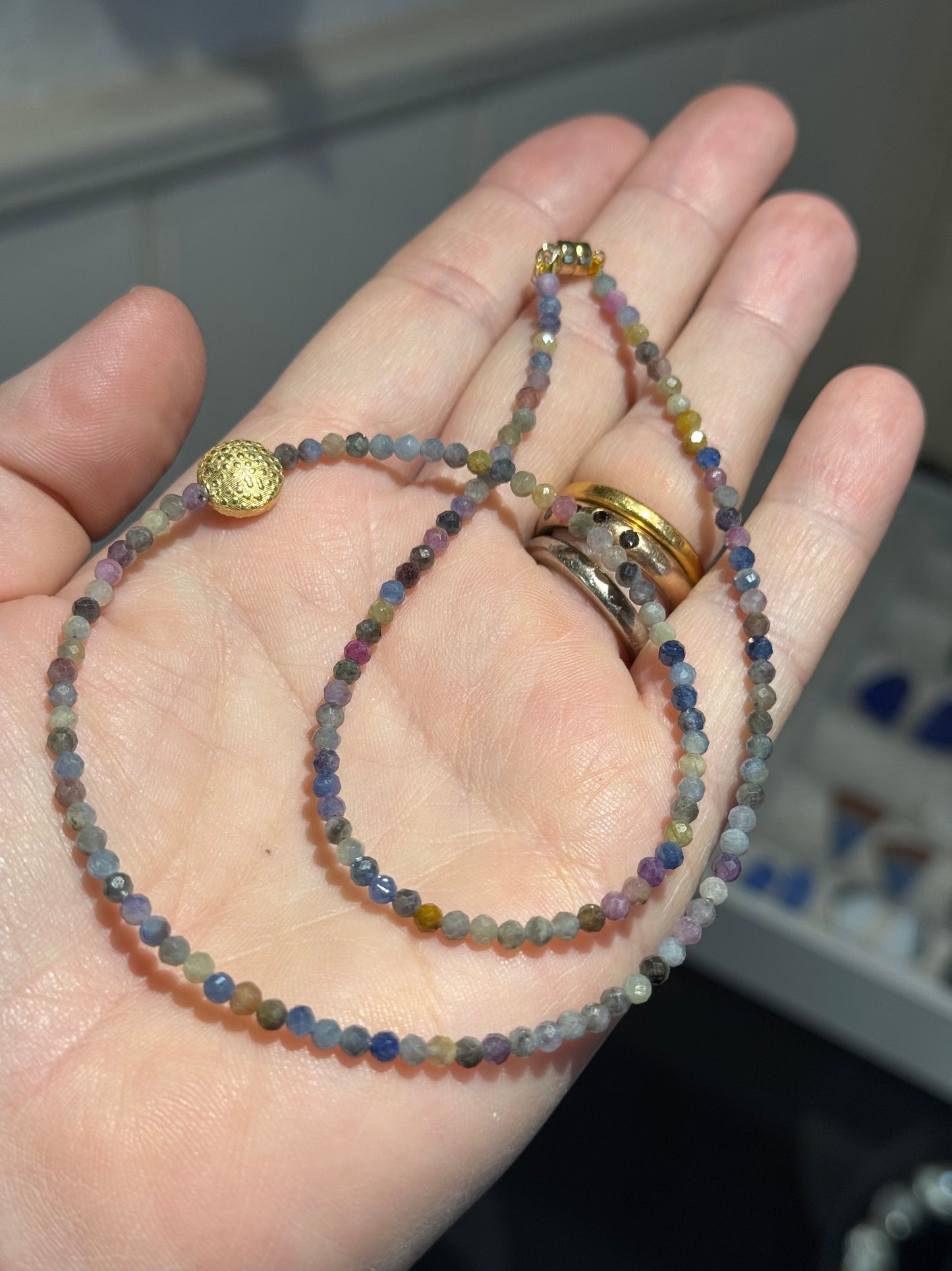 Sapphire silver gilt bead necklace.