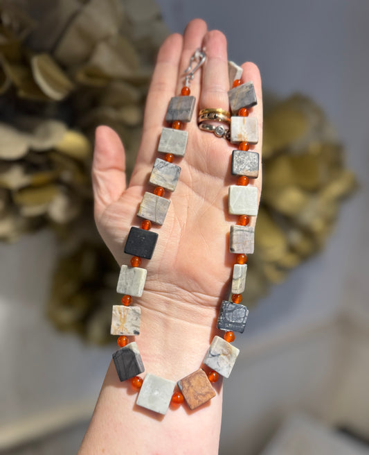 Picasso Jasper & cornelian bead necklace.