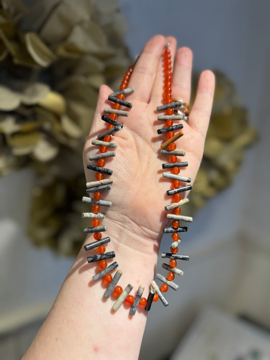 Picasso Jasper stick & Cornelian bead necklace.
