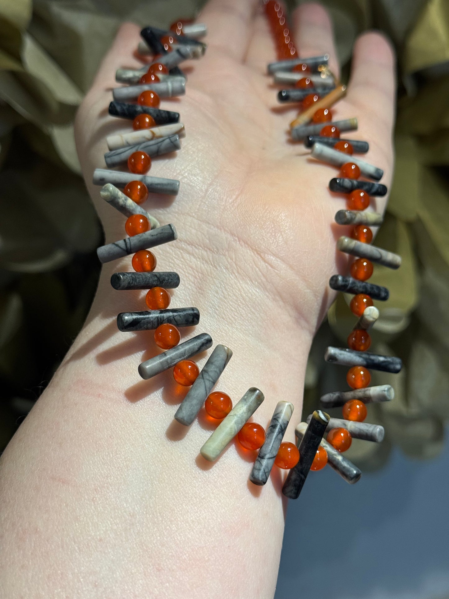 Picasso Jasper stick & Cornelian bead necklace.