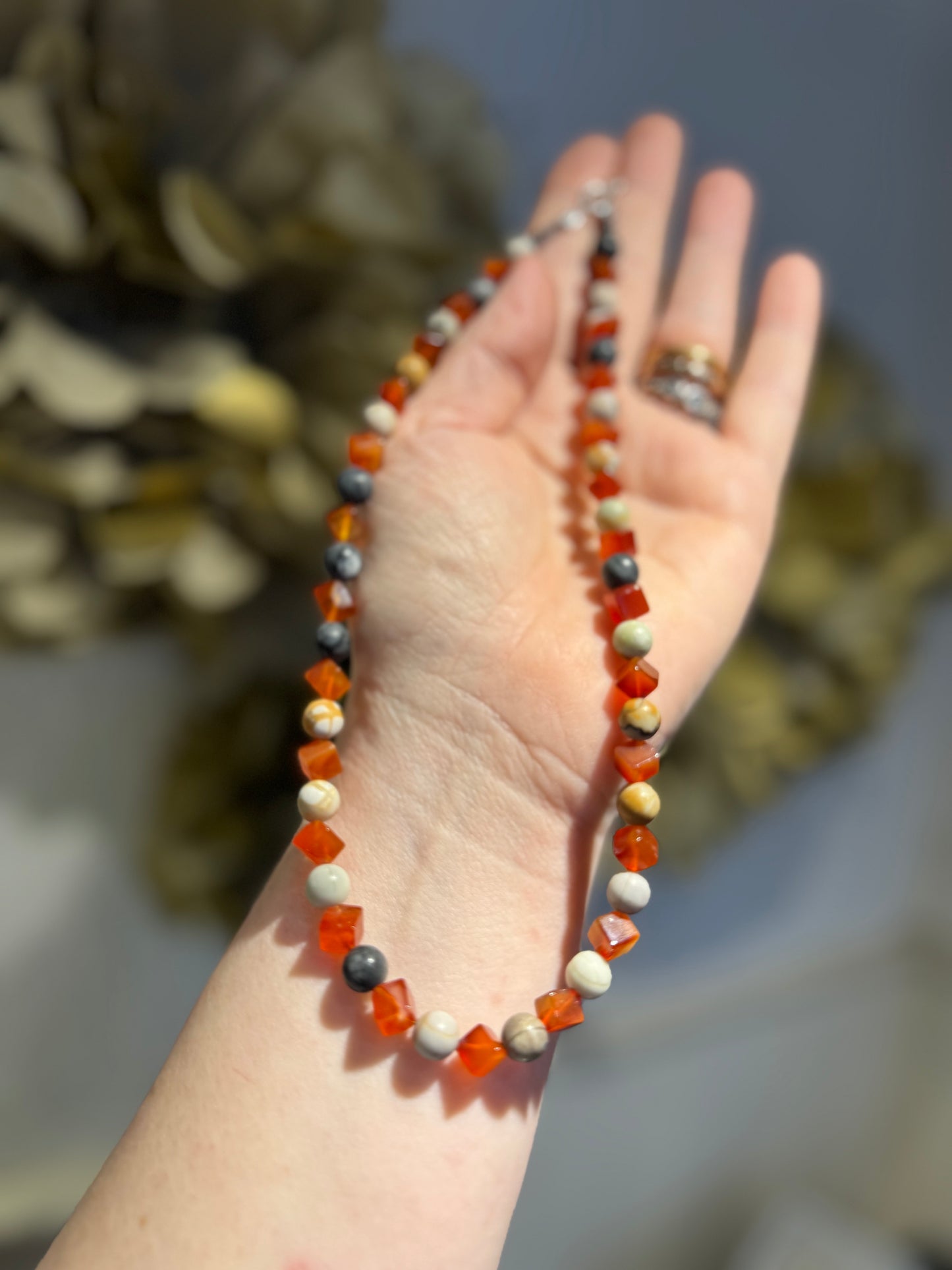 Alternate Picasso Jasper & cube Cornelian bead silver necklace.