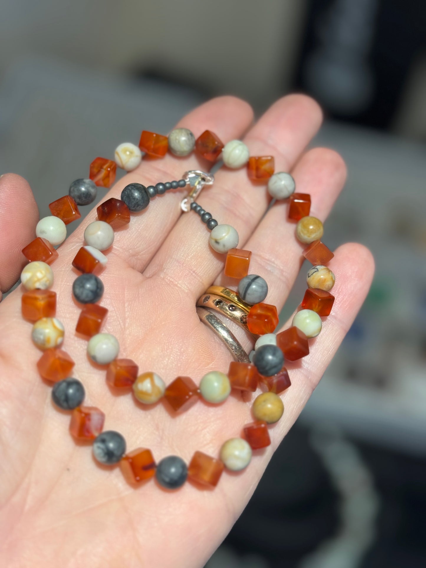 Alternate Picasso Jasper & cube Cornelian bead silver necklace.