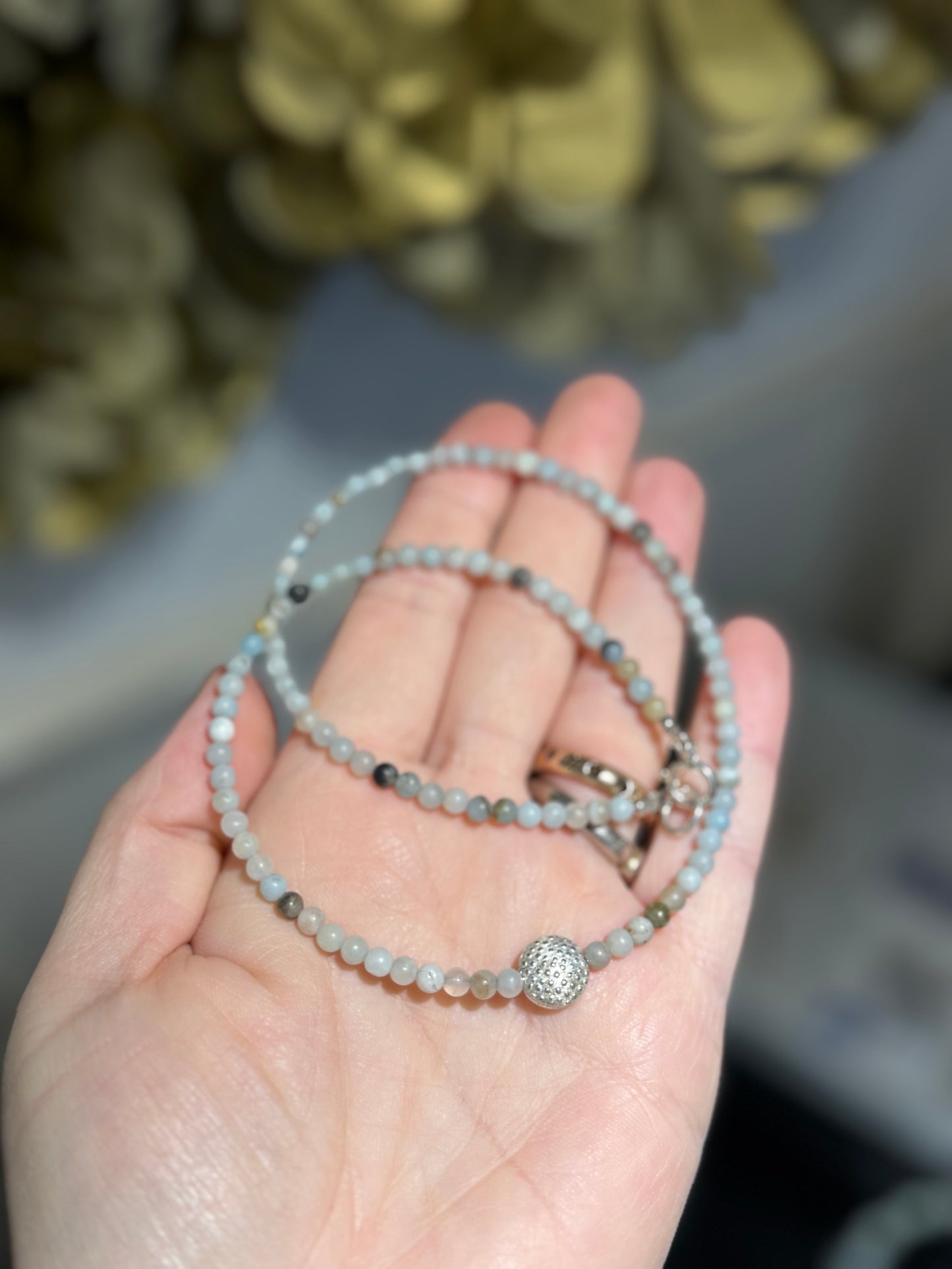 Amazonite matt bead silver disc necklace.