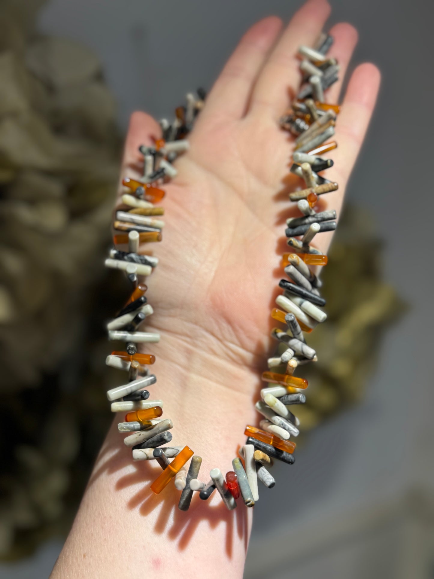 Picasso Jasper & Cornelian stick bead necklace.