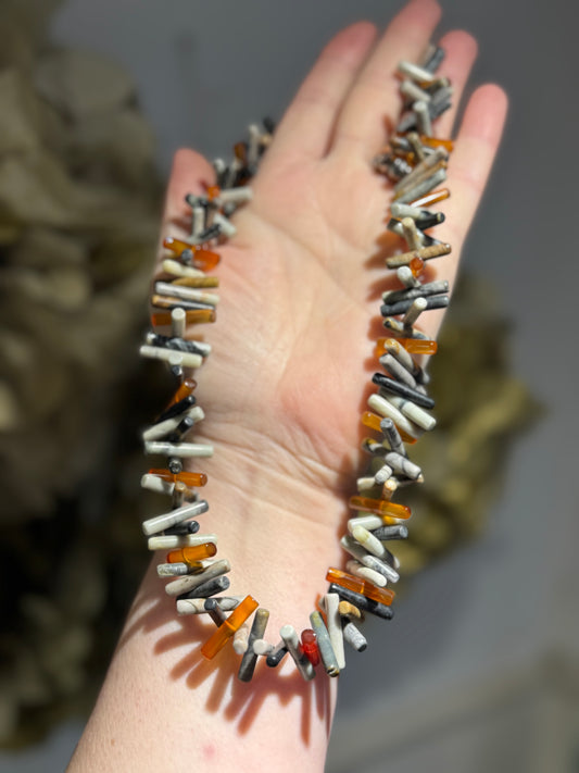 Picasso Jasper & Cornelian stick bead necklace.