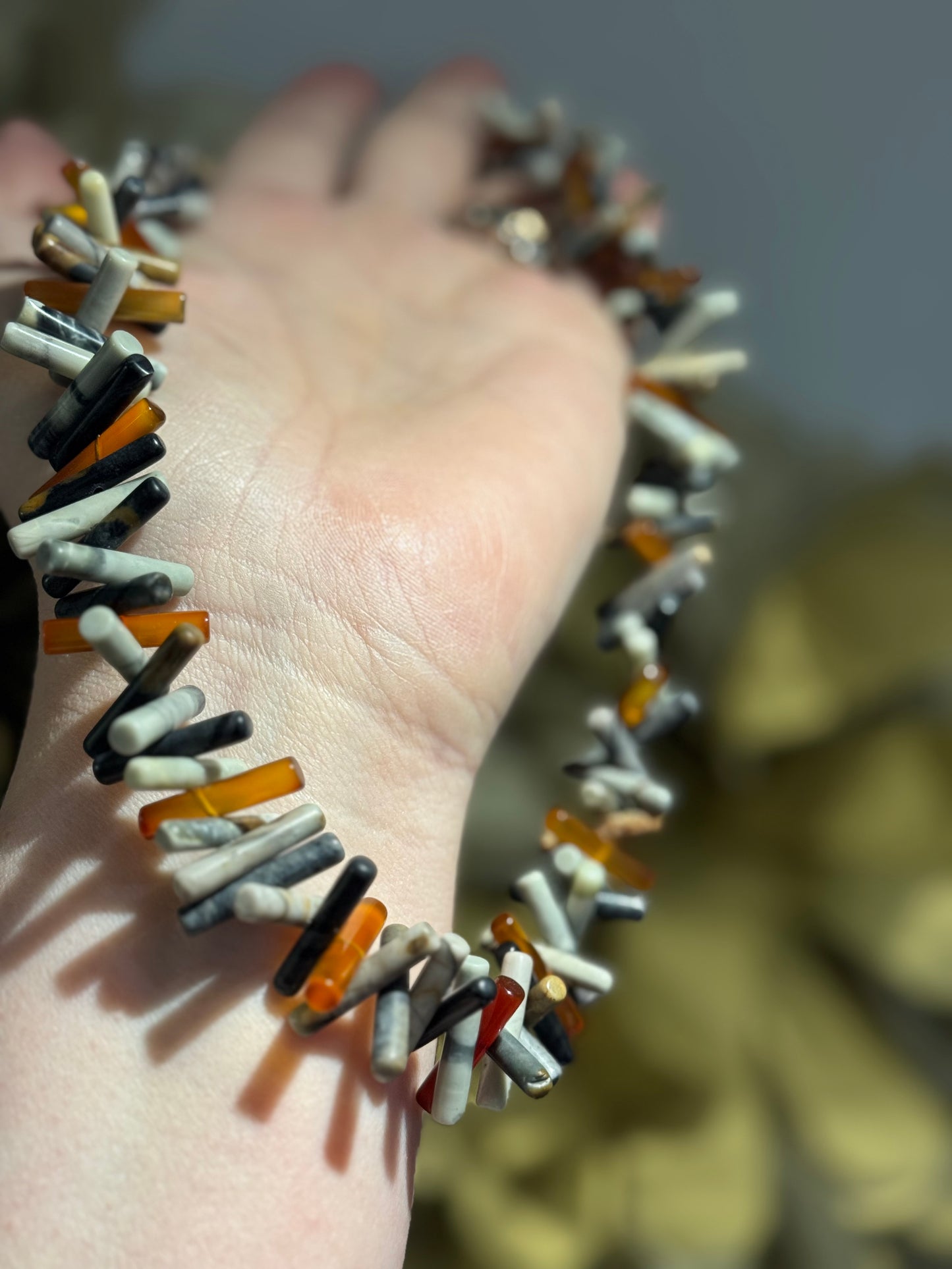 Picasso Jasper & Cornelian stick bead necklace.