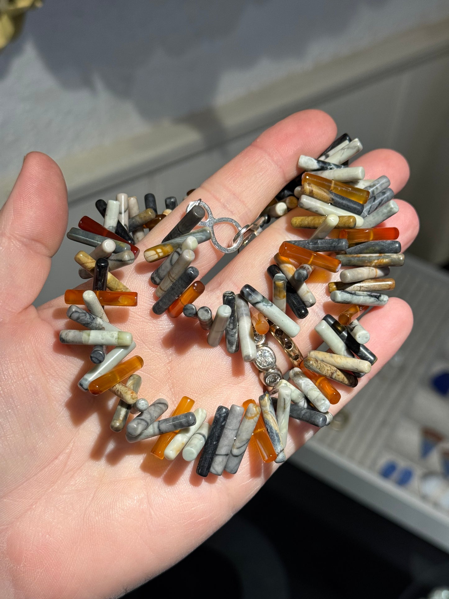 Picasso Jasper & Cornelian stick bead necklace.