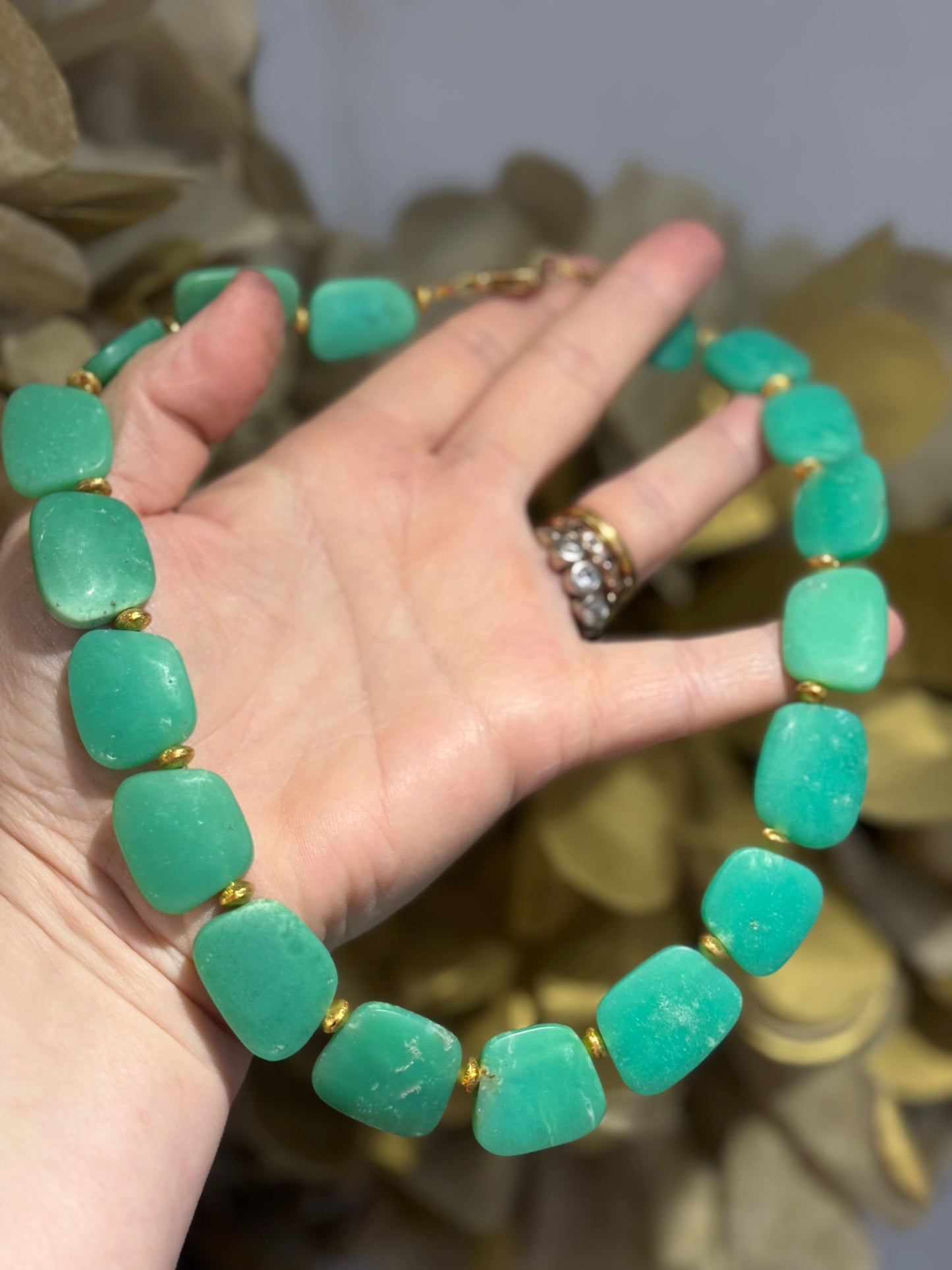 Chrysophrase & silver-gilt textured bead necklace.