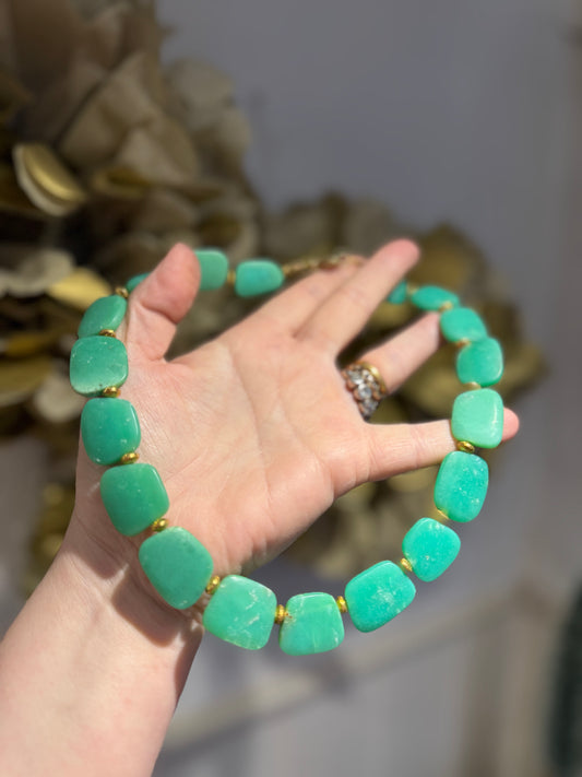 Chrysophrase & silver-gilt textured bead necklace.