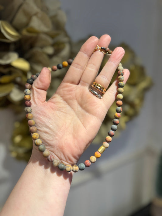 Autumn Jasper silver gilt matt bead necklace.