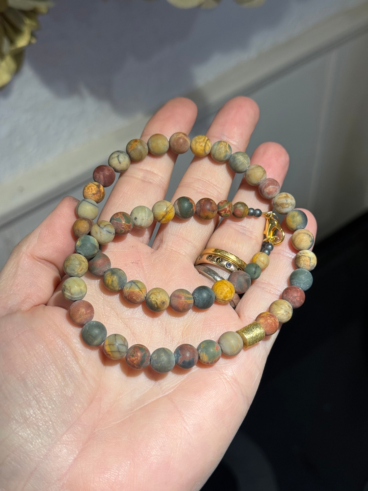 Autumn Jasper silver gilt matt bead necklace.