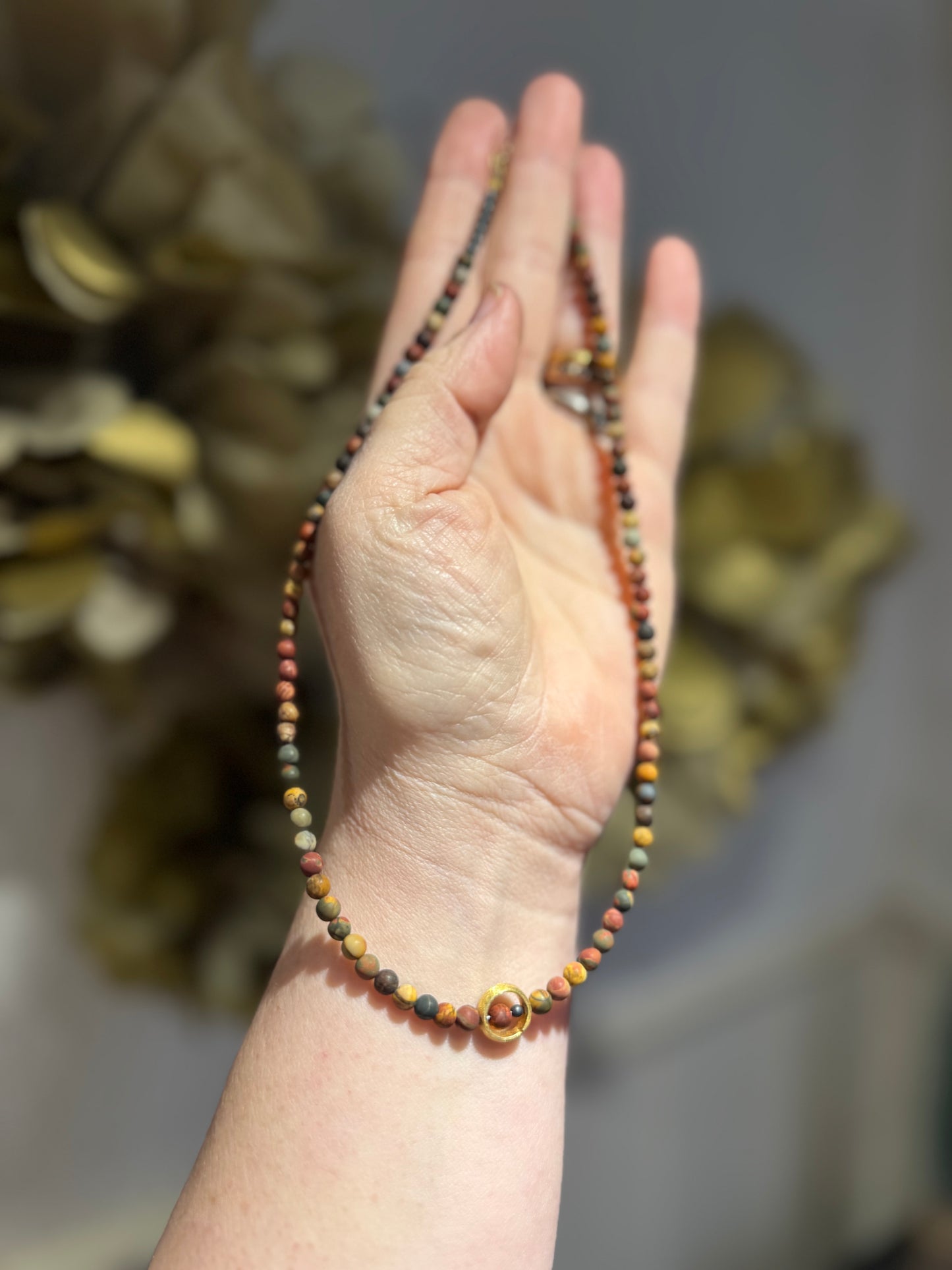 Matt Autumn Jasper 4mm round bead silver gilt necklace.
